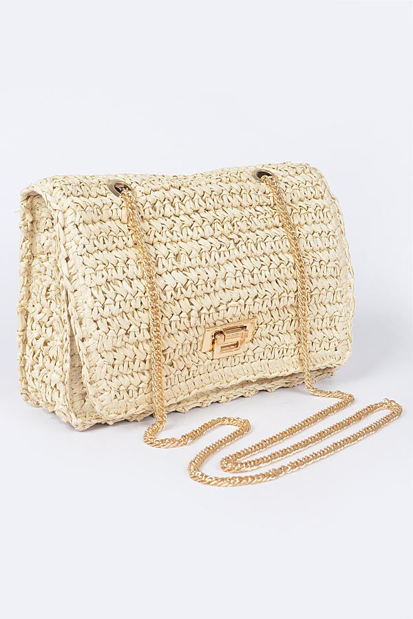 Ivory West Palm Straw Chain Clutch