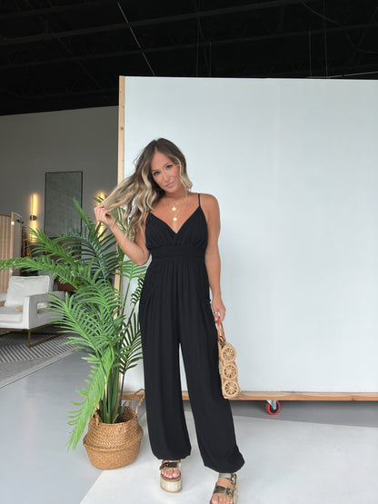 Next In Line Smocked Jumpsuit Black