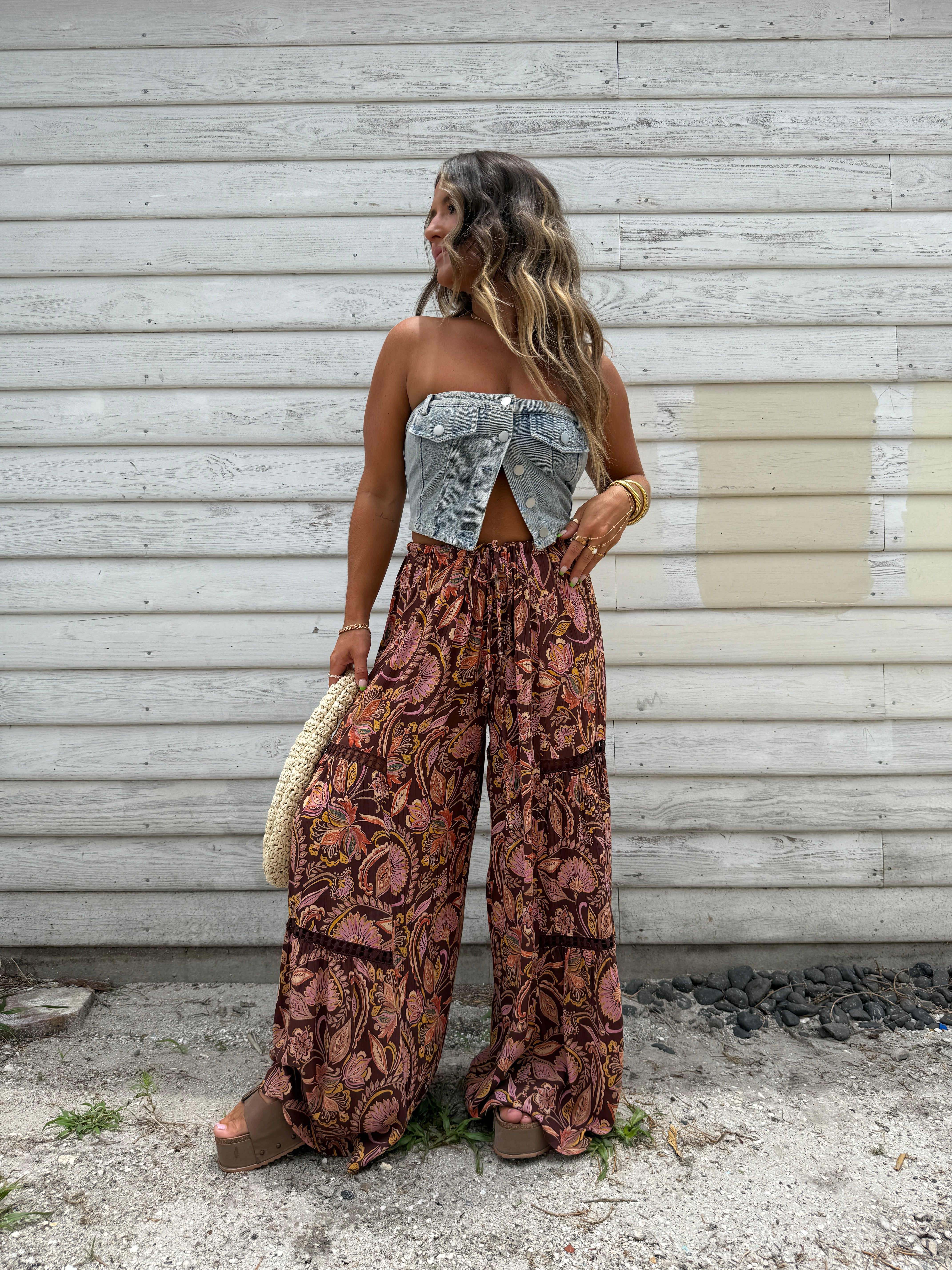 Louella Floral Boho Pants Brown Multi