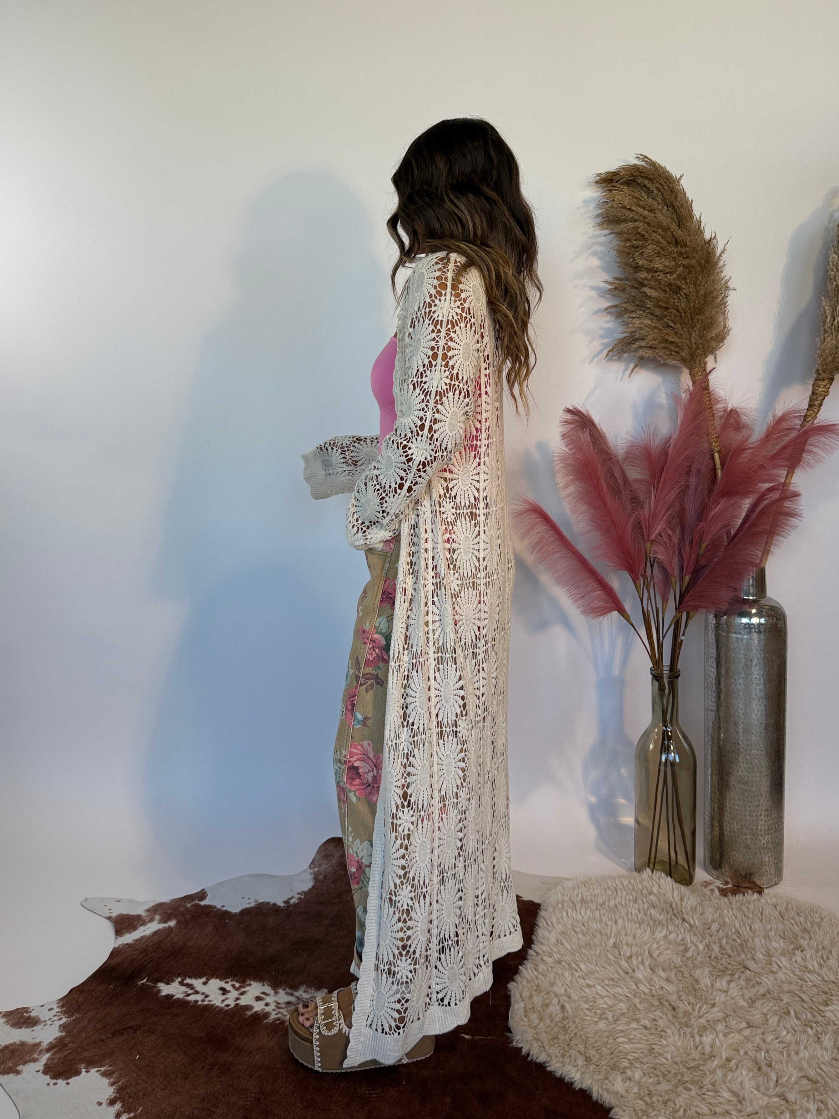 Remi Floral Crochet Cardigan Natural