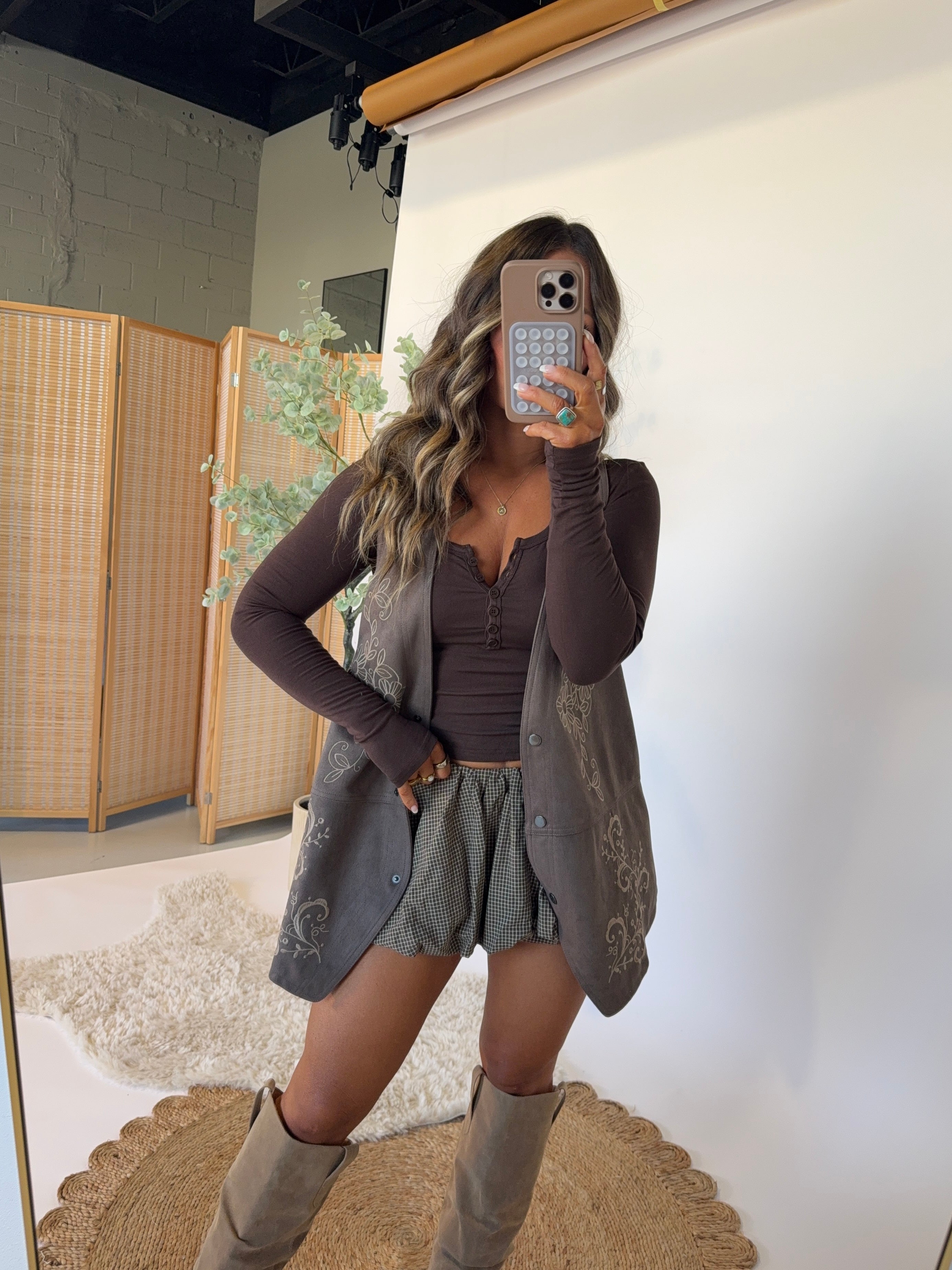 Canopy Drift Gingham Skort Brown