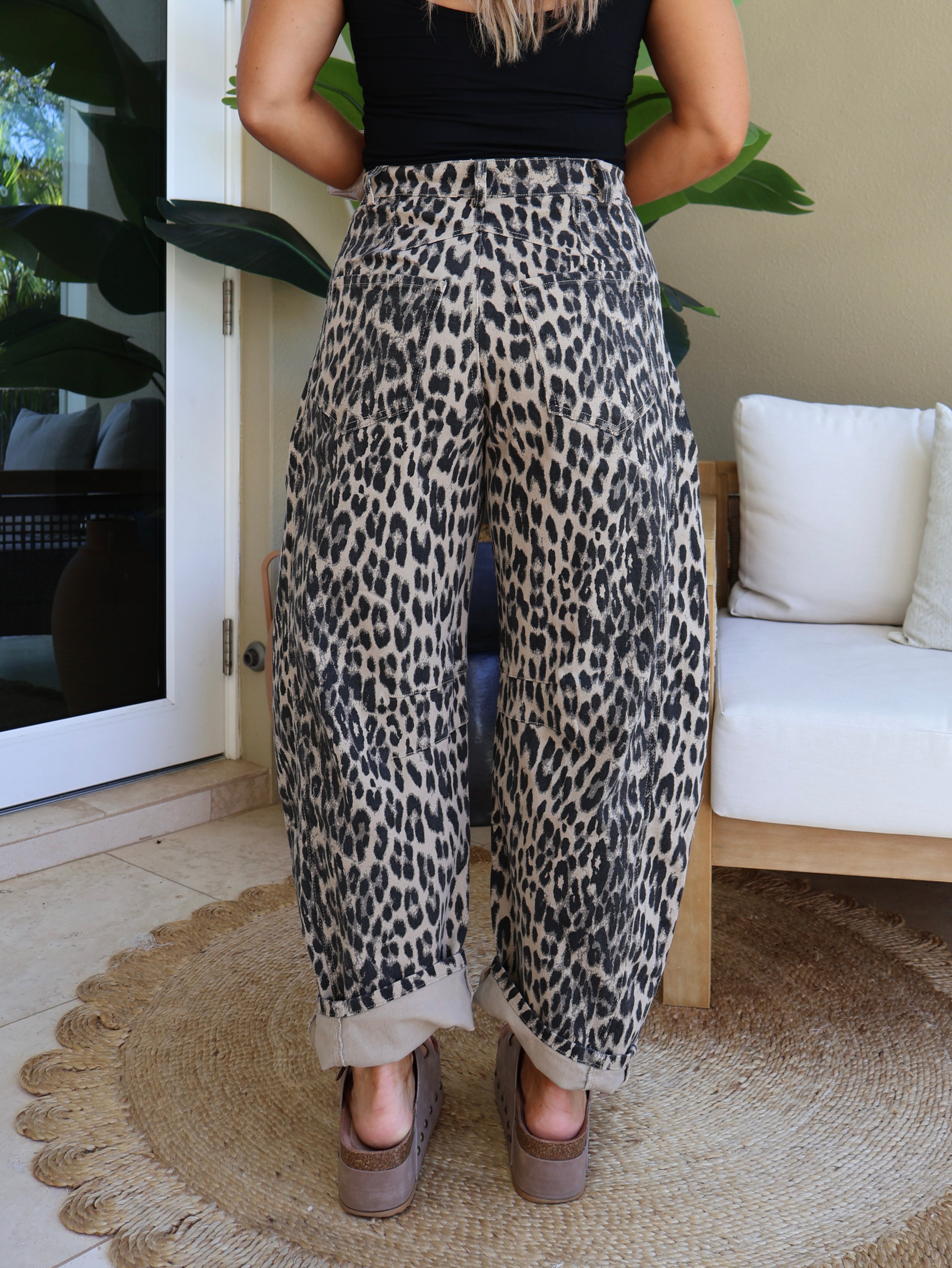 Gracie Barrel Washed Denim Jeans Leopard