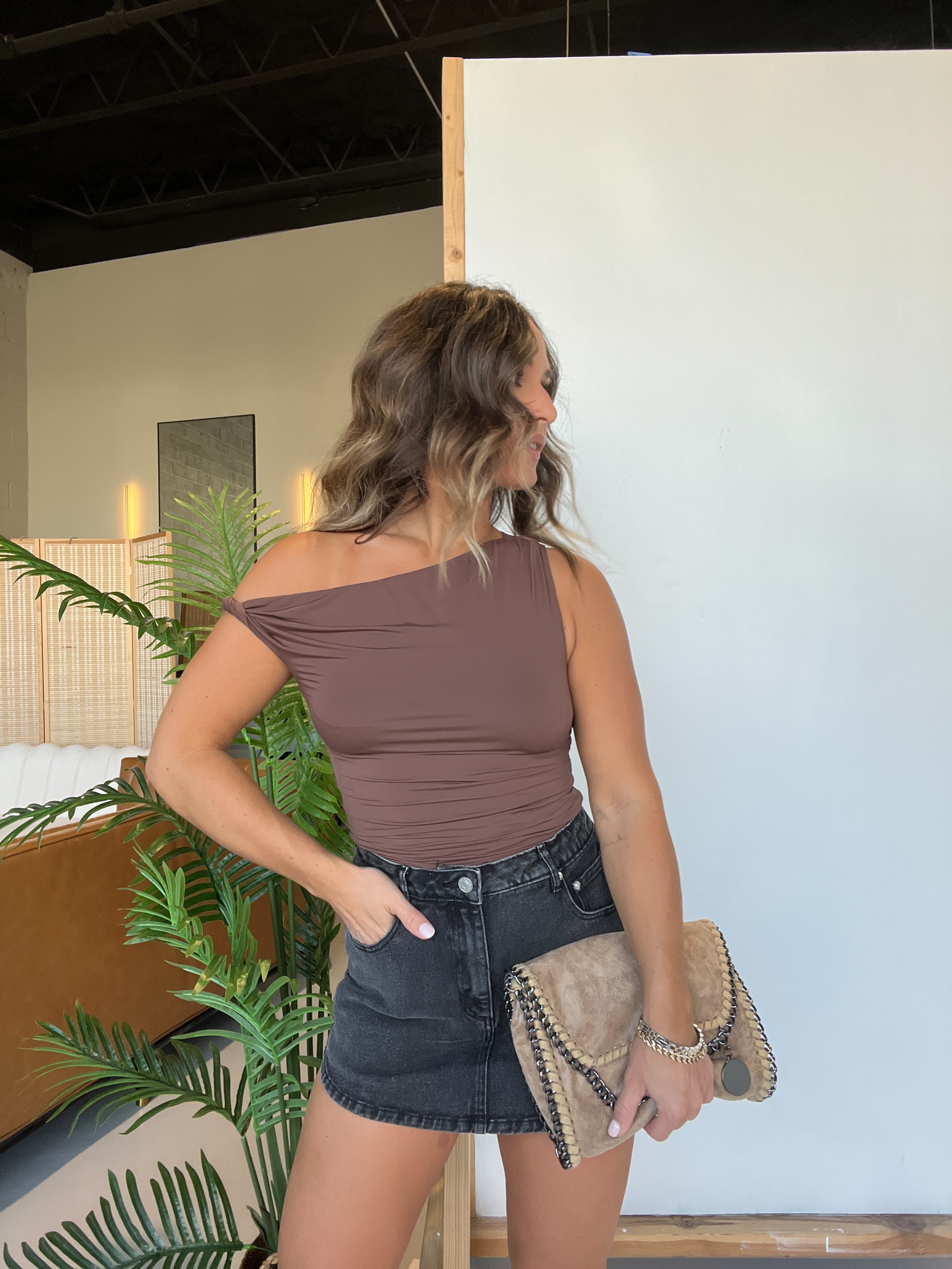 Mia Slinky One Shoulder Top Brown