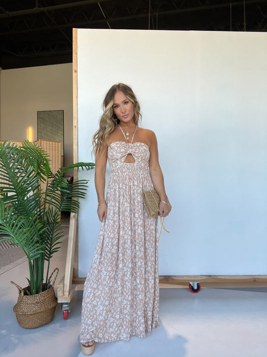 Checking In Floral Maxi Dress Sand Cream
