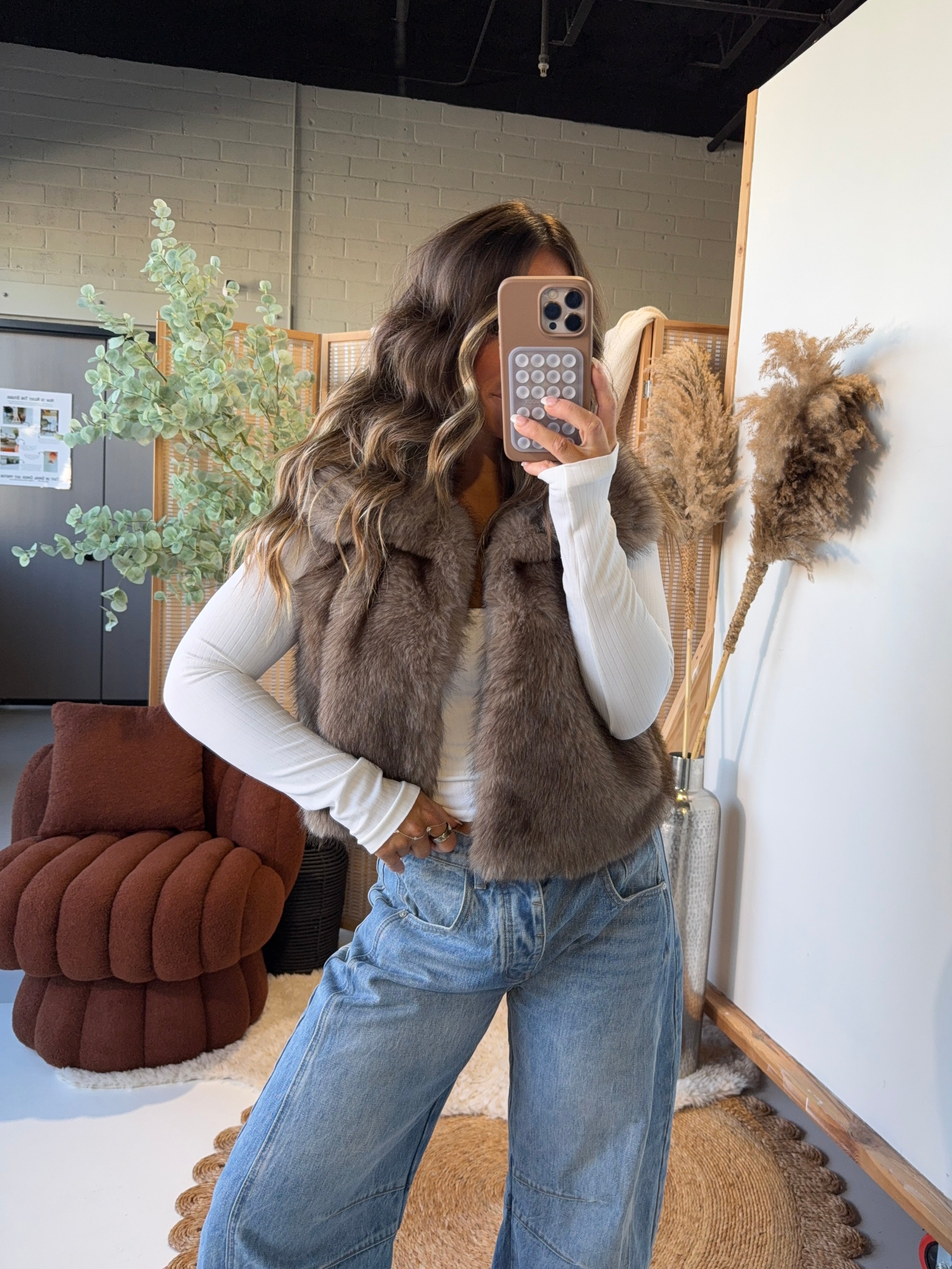 French Toffee Faux Fur Vest Taupe