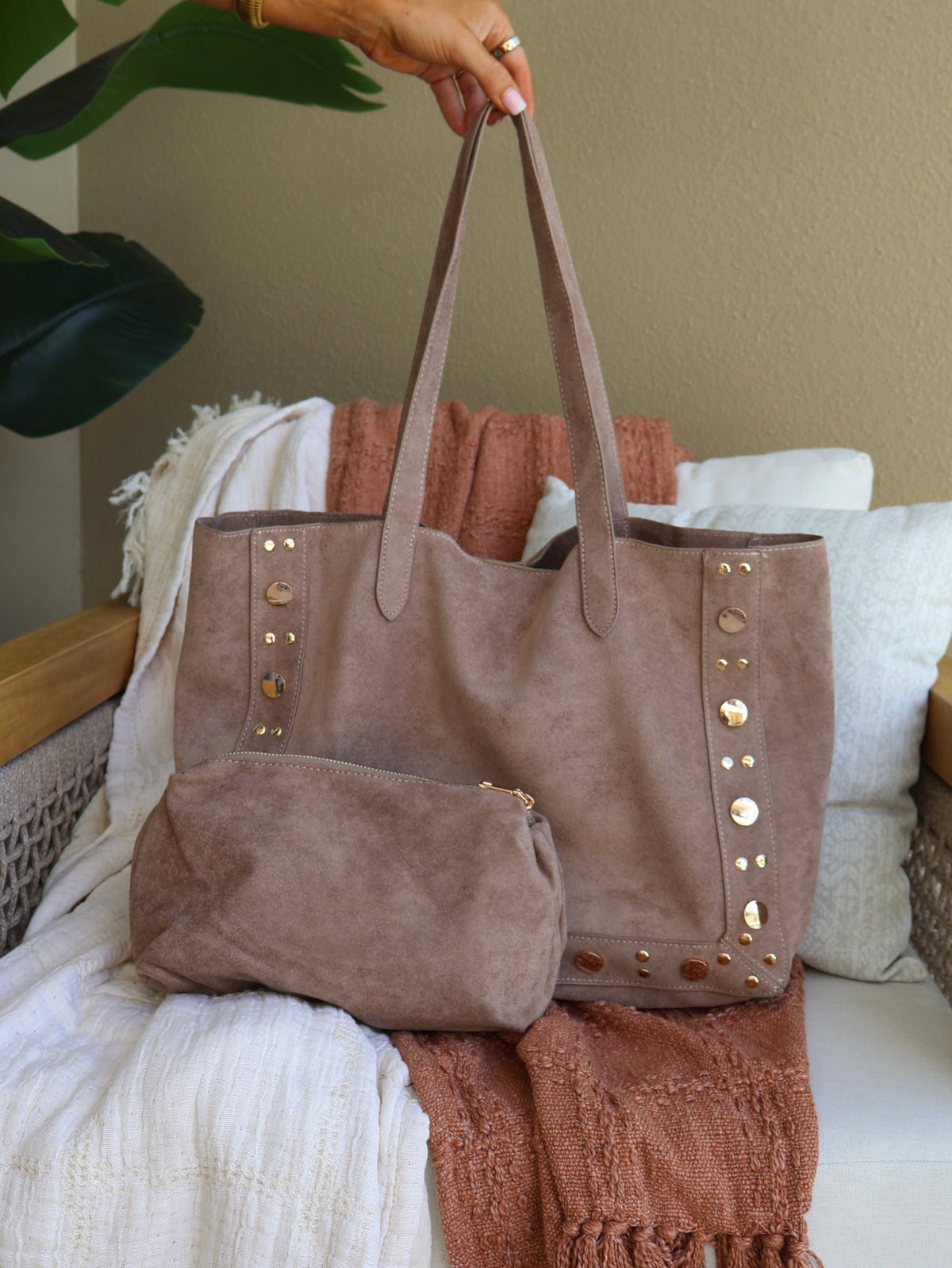 Amber Foliage Studded Tote Taupe