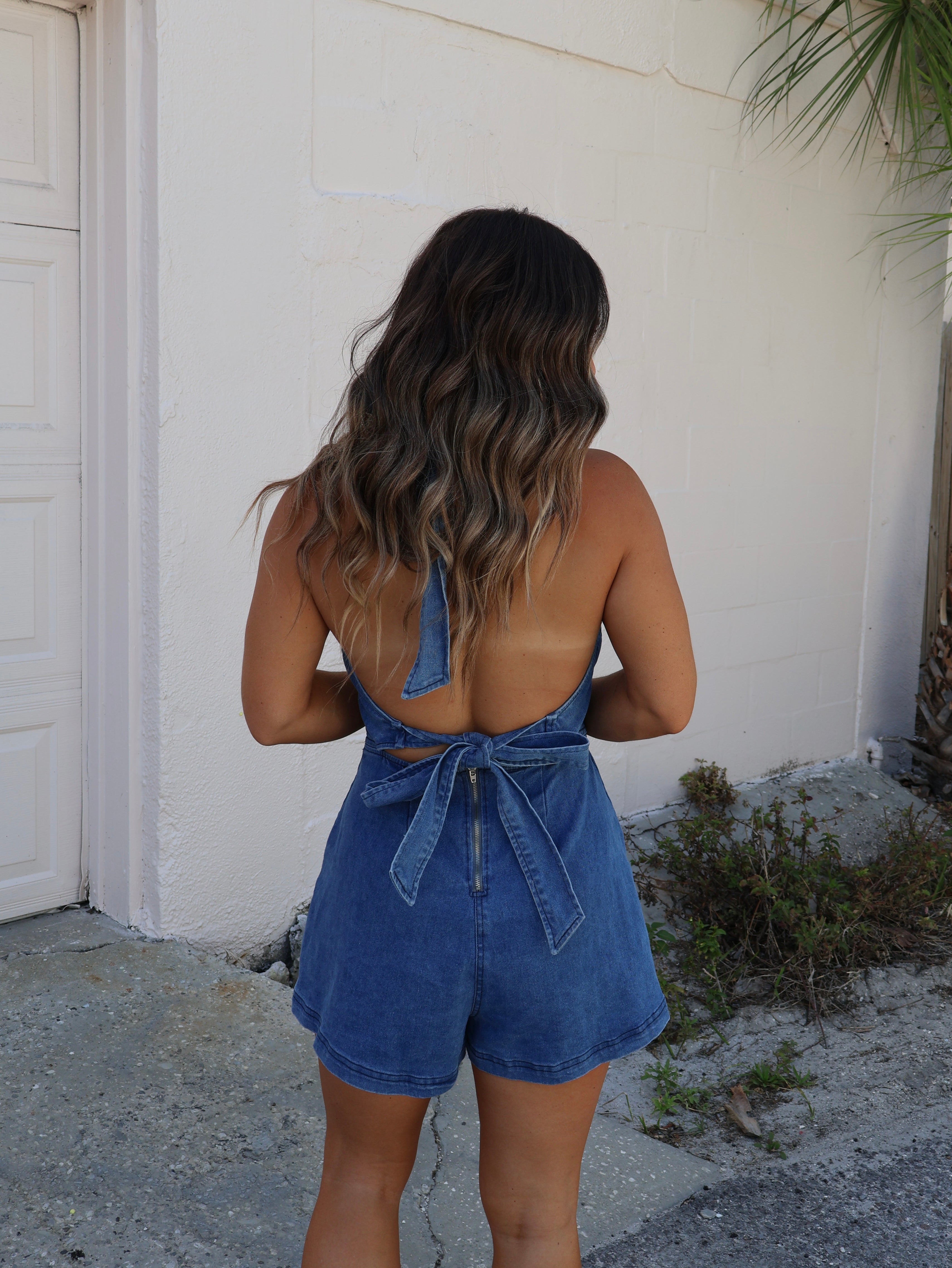 Places to Be Halter Romper Denim