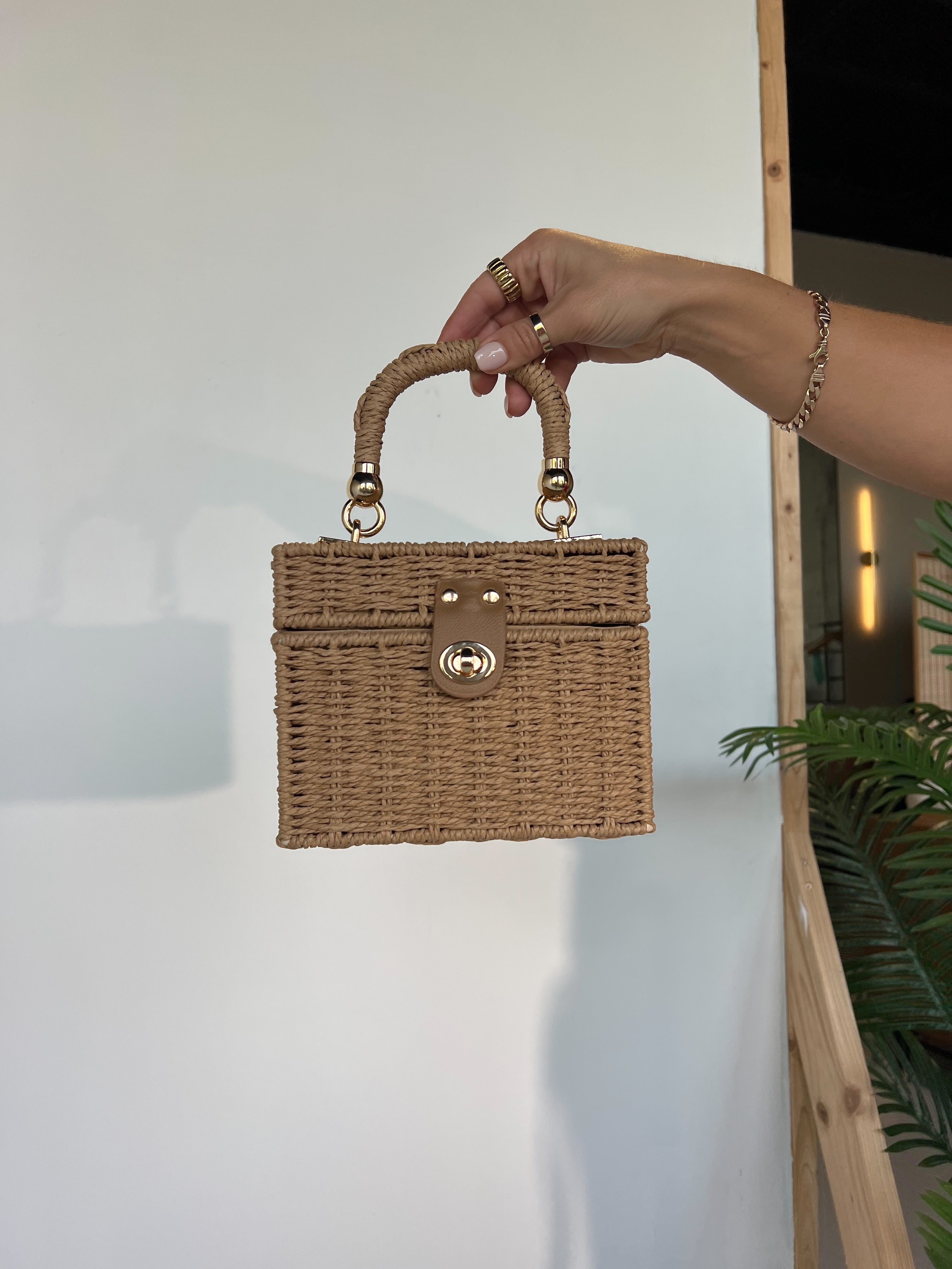 Tropic Top Handle Raffia Box Bag Natural
