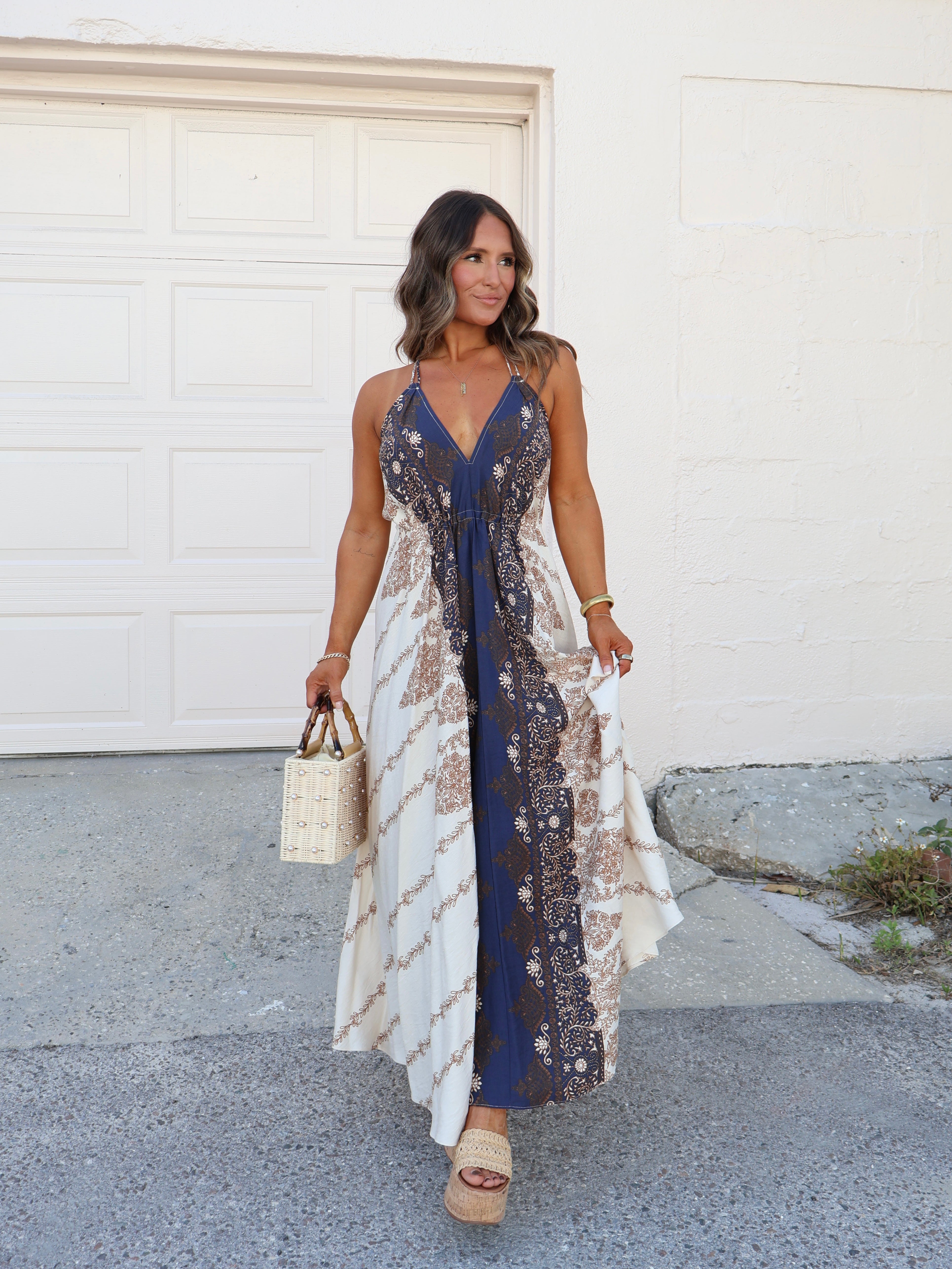 Boho Fields Halter Dress Oat/Navy