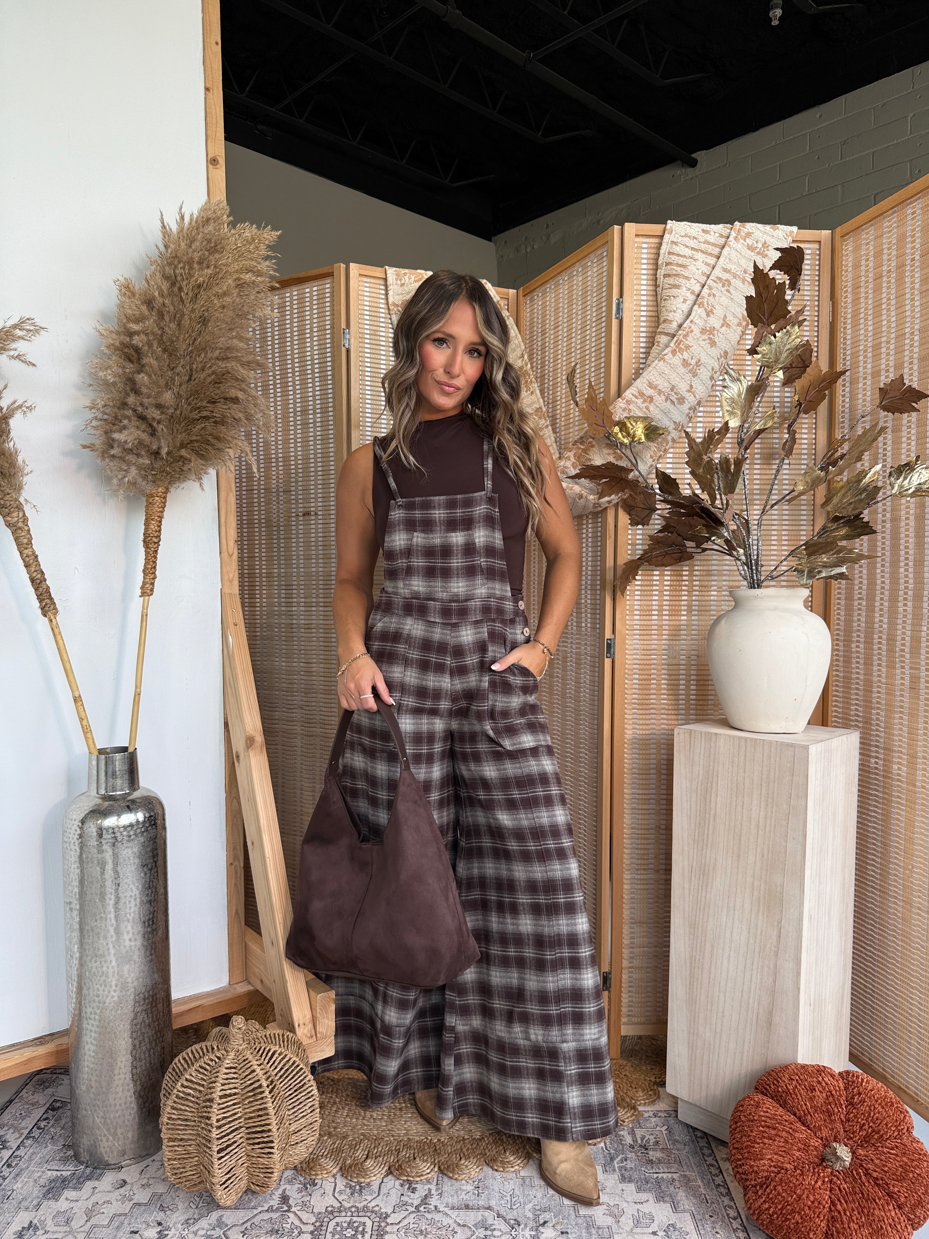 Pumpkin Pickin' Plaid Overalls Chocolate