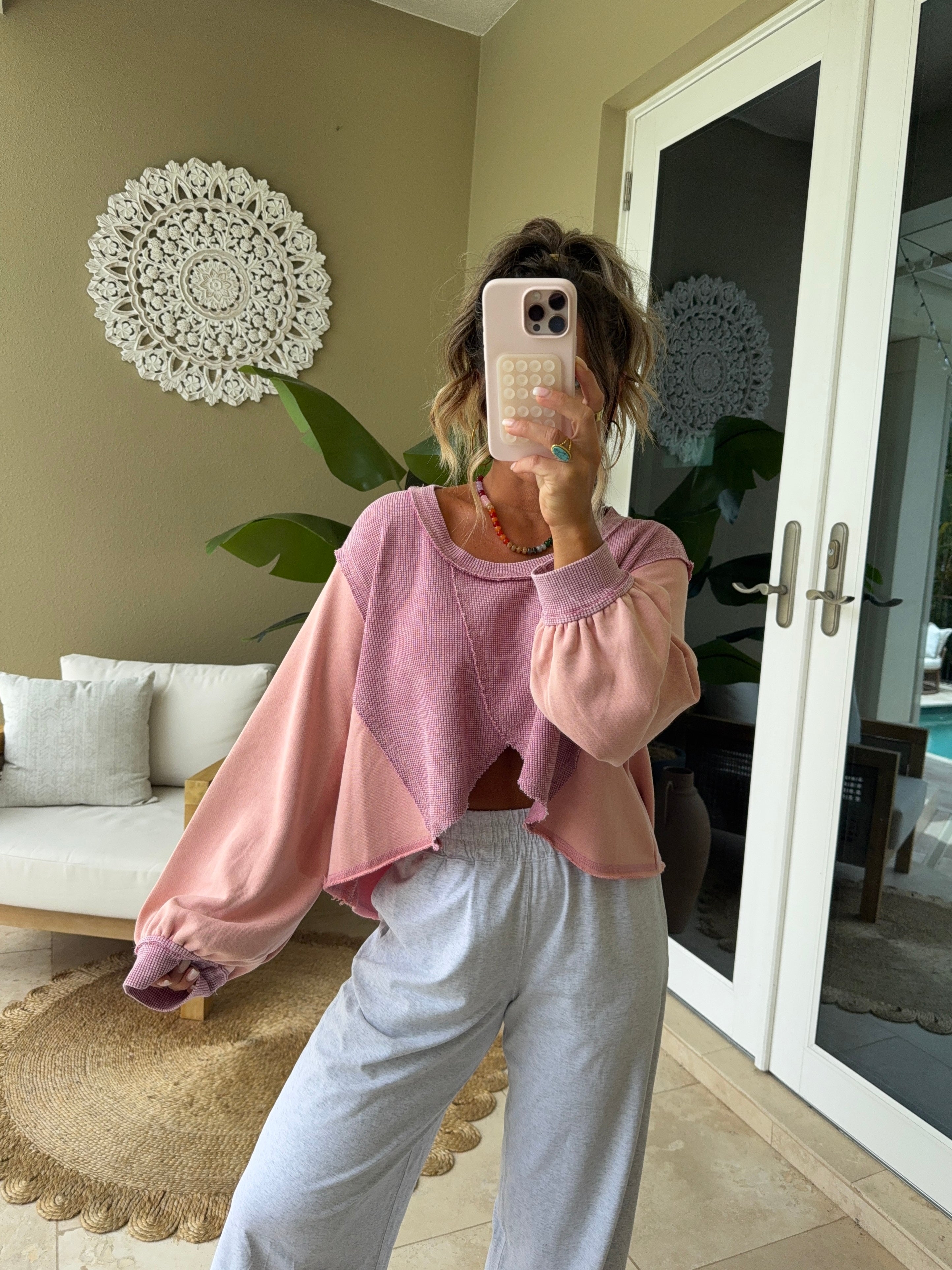 Seasonal Cropped Henley Top Dried Rose
