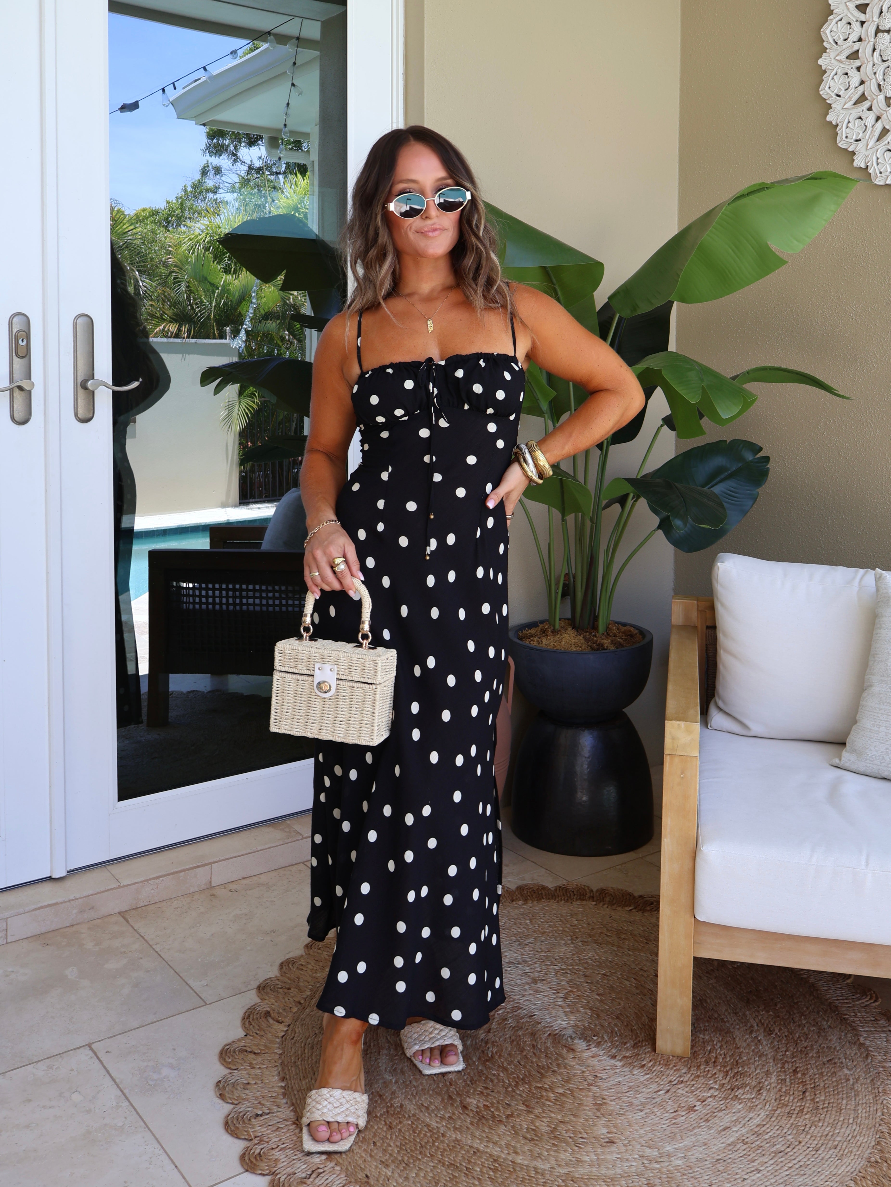 Montecito Bustier Polka Dot Midi Dress Black/Cream