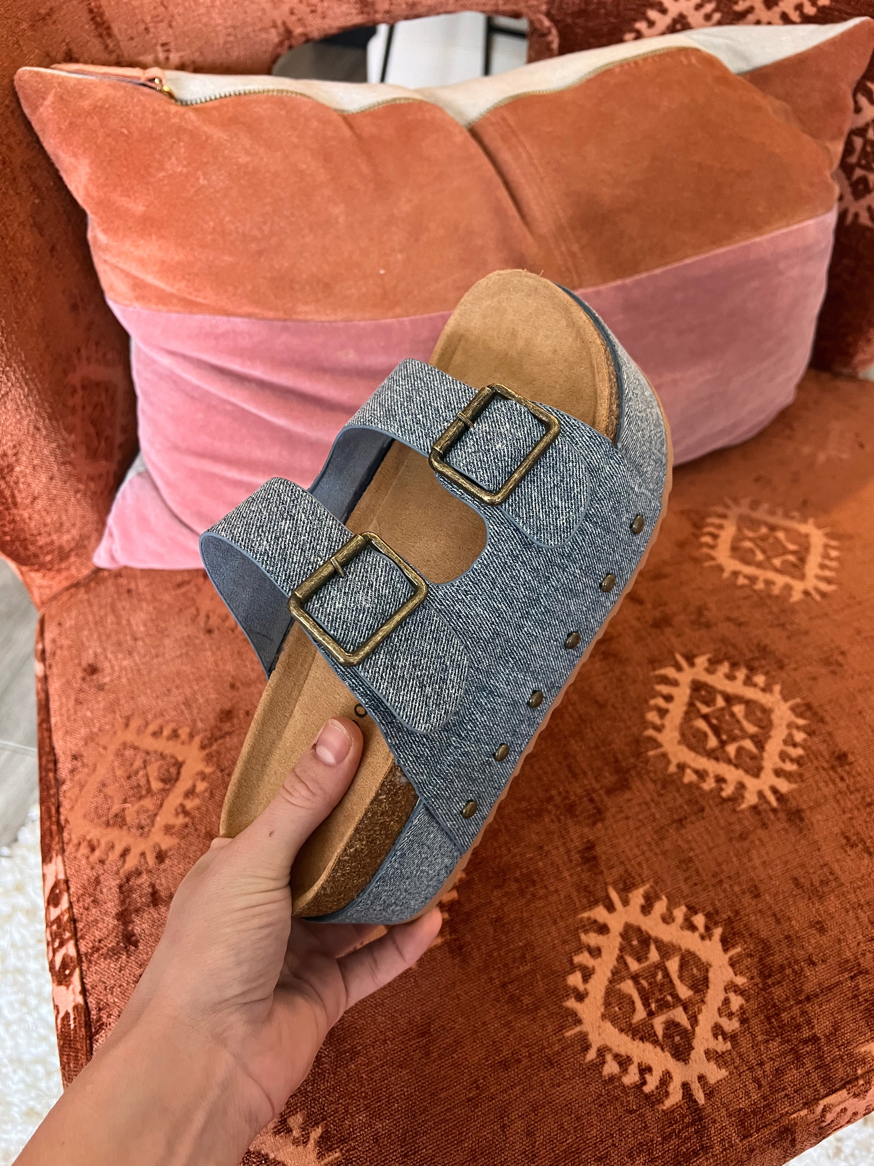 Denim Blowout Stacked Double Strap Slides