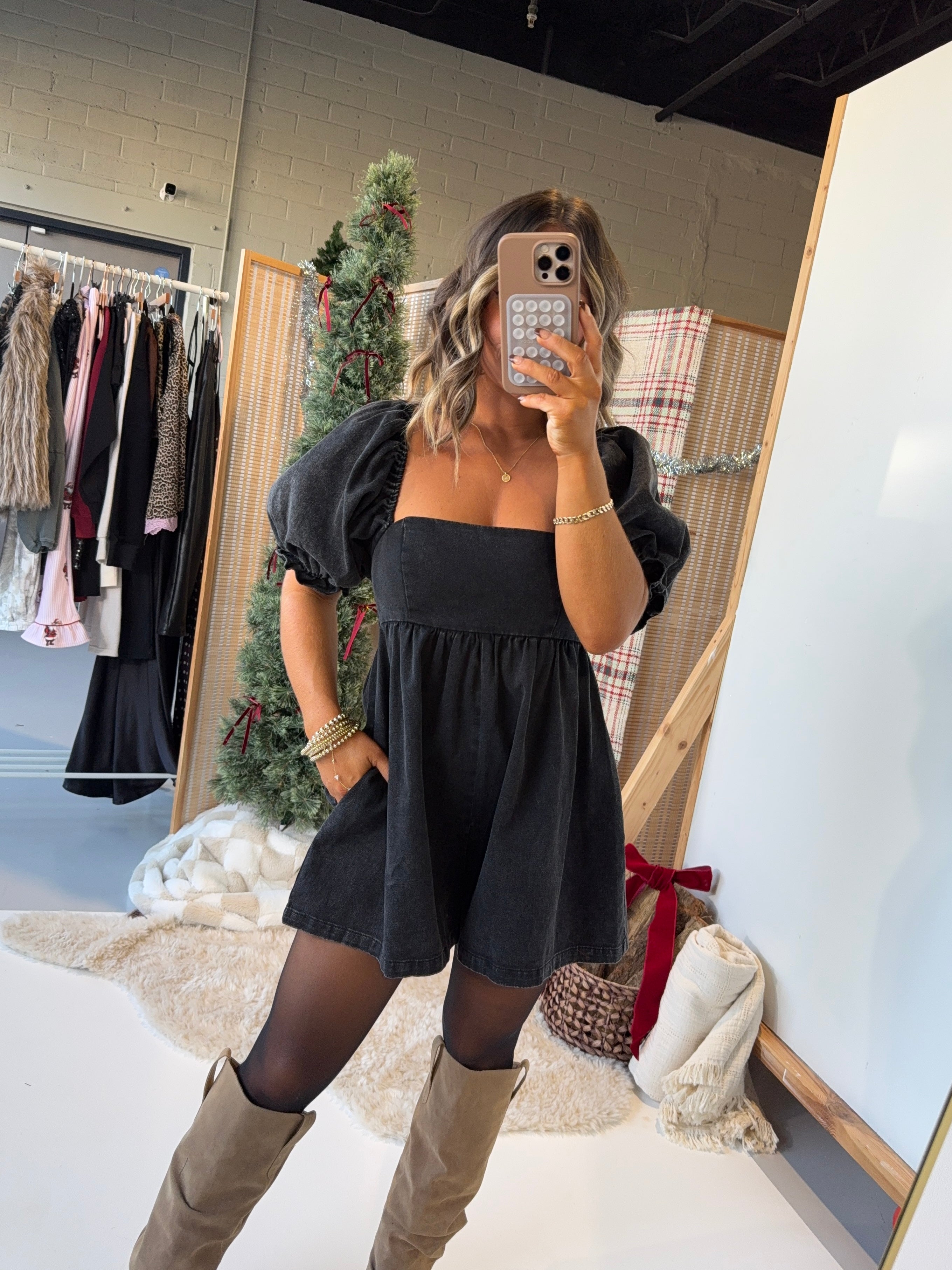 Blaire Smocked Denim Romper Black