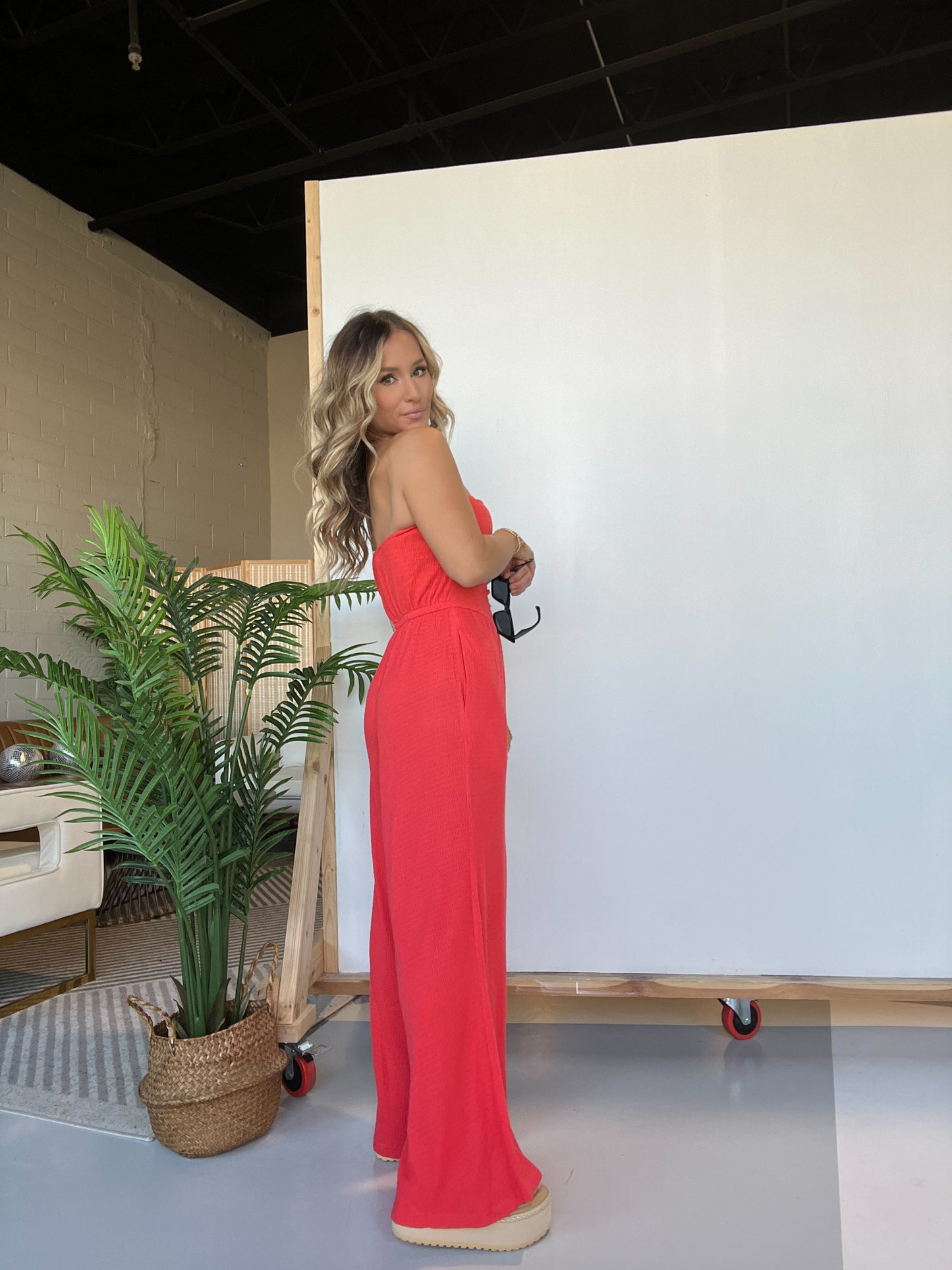 Cherry Fields Strapless Textured Jumpsuit