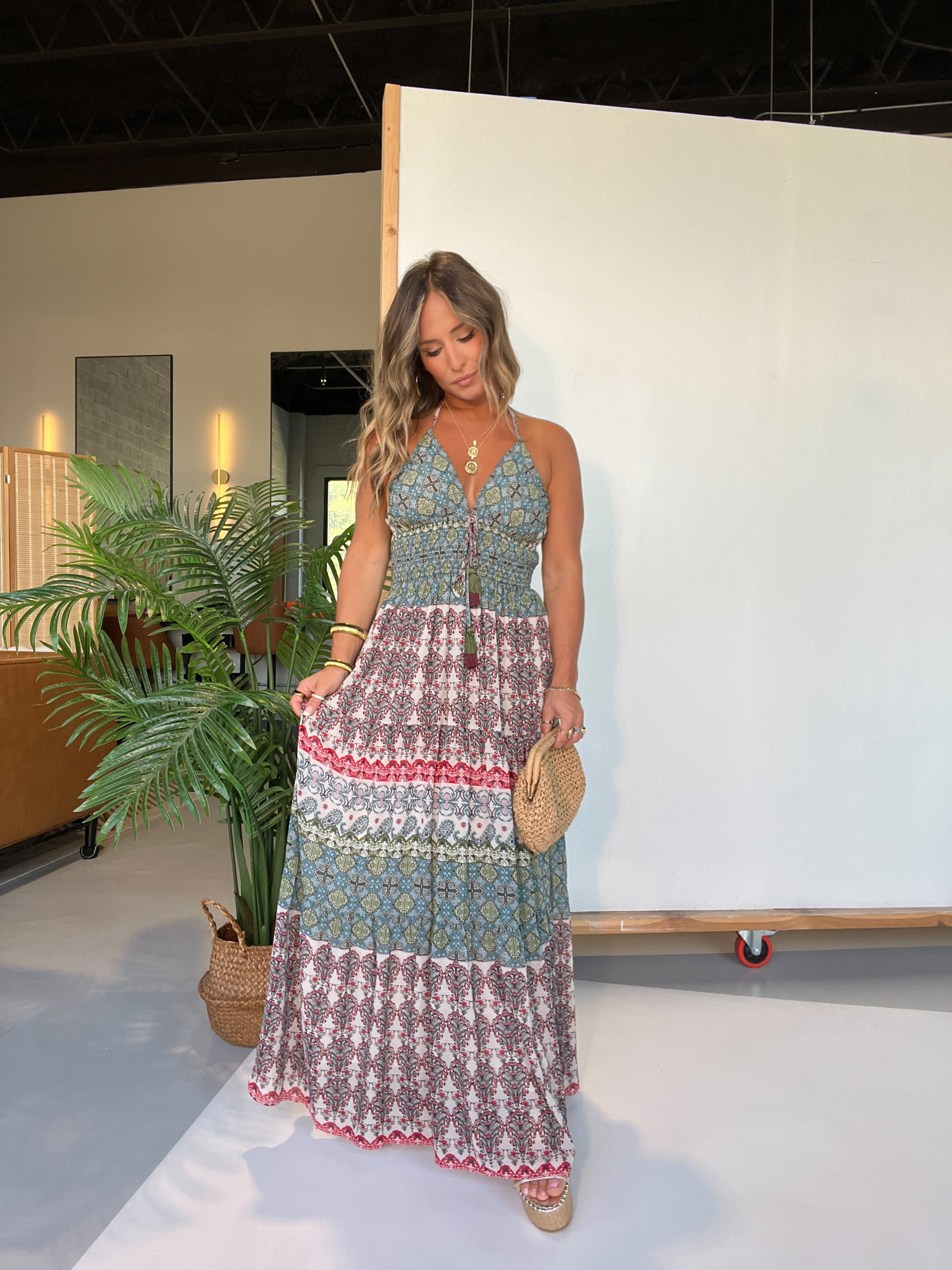 Vintage Sights Maxi Dress Teal Multi