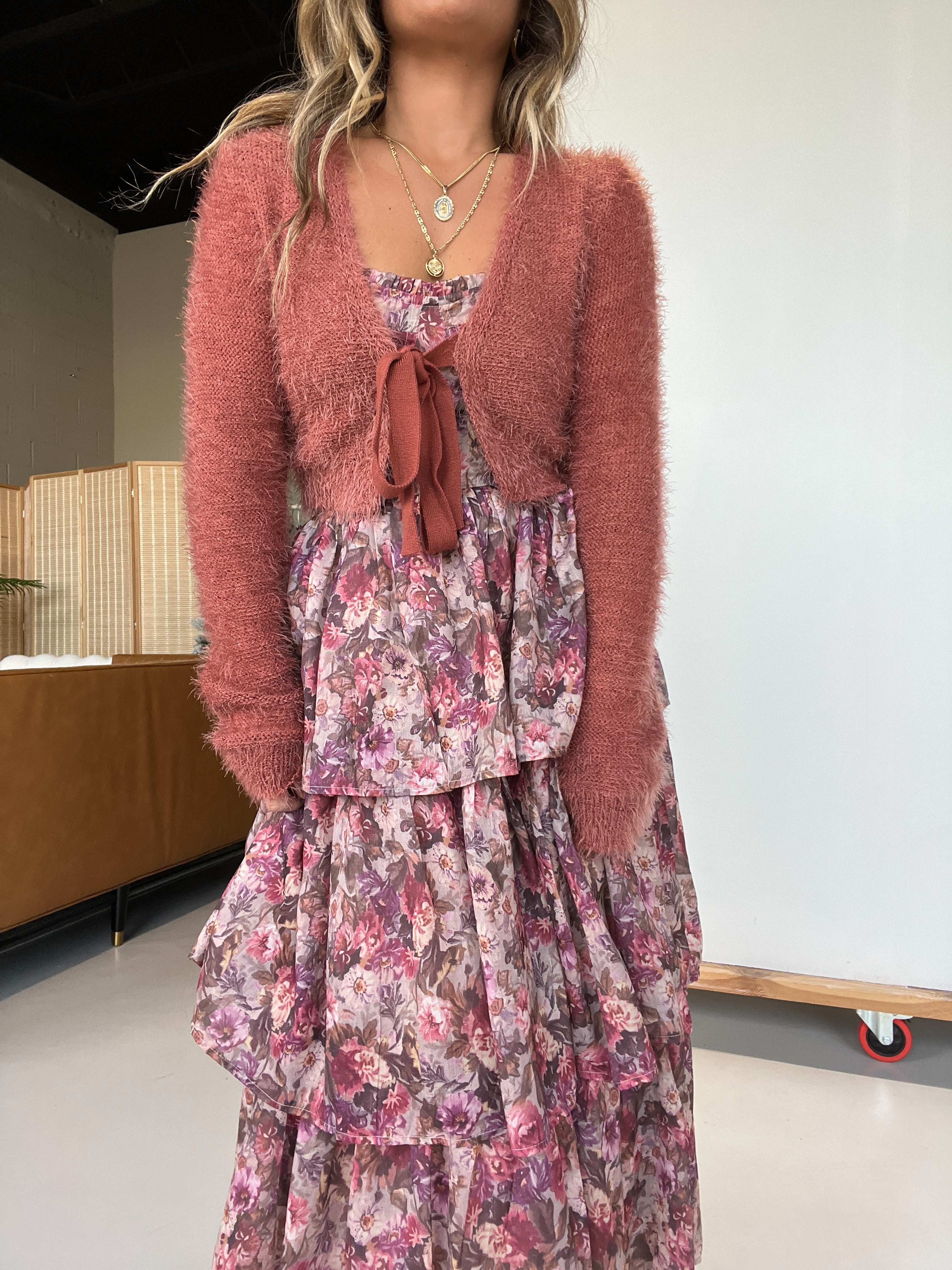 Embers Furry Tie Front Cardigan Rust