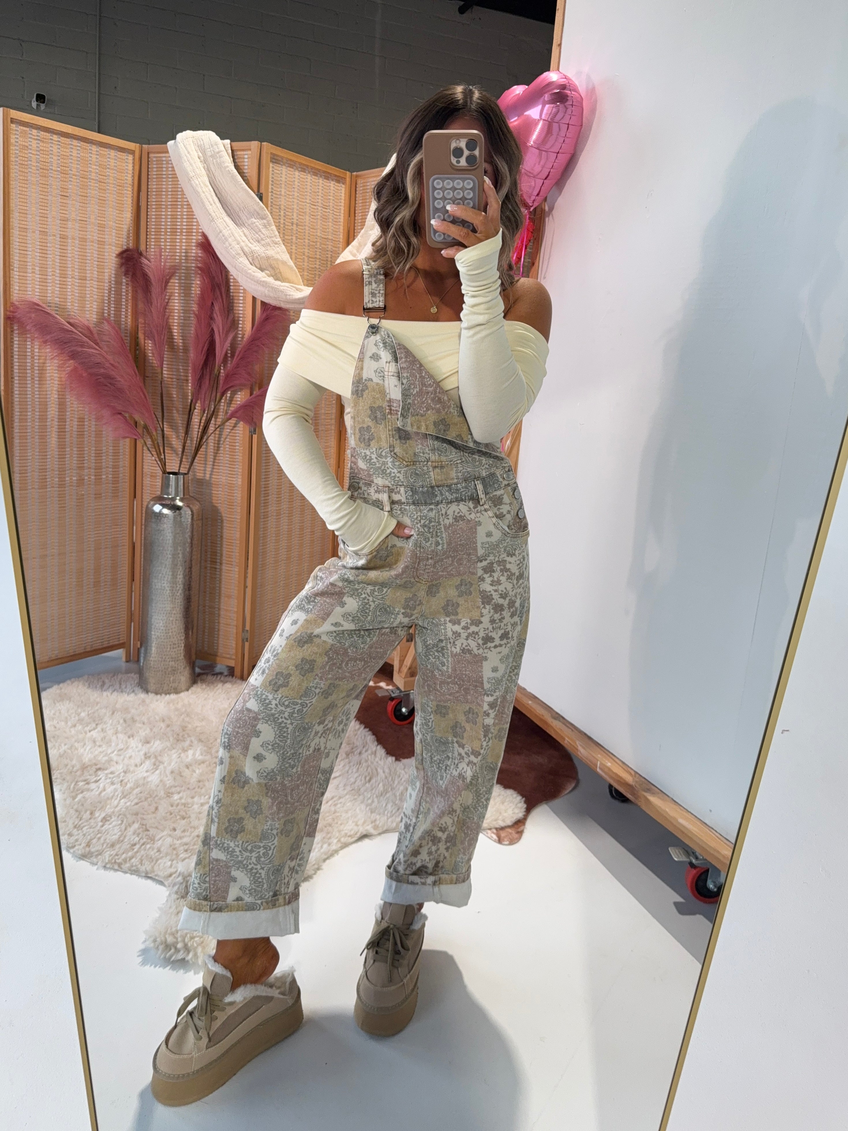 Love Spell Barrel Overalls Multi Taupe