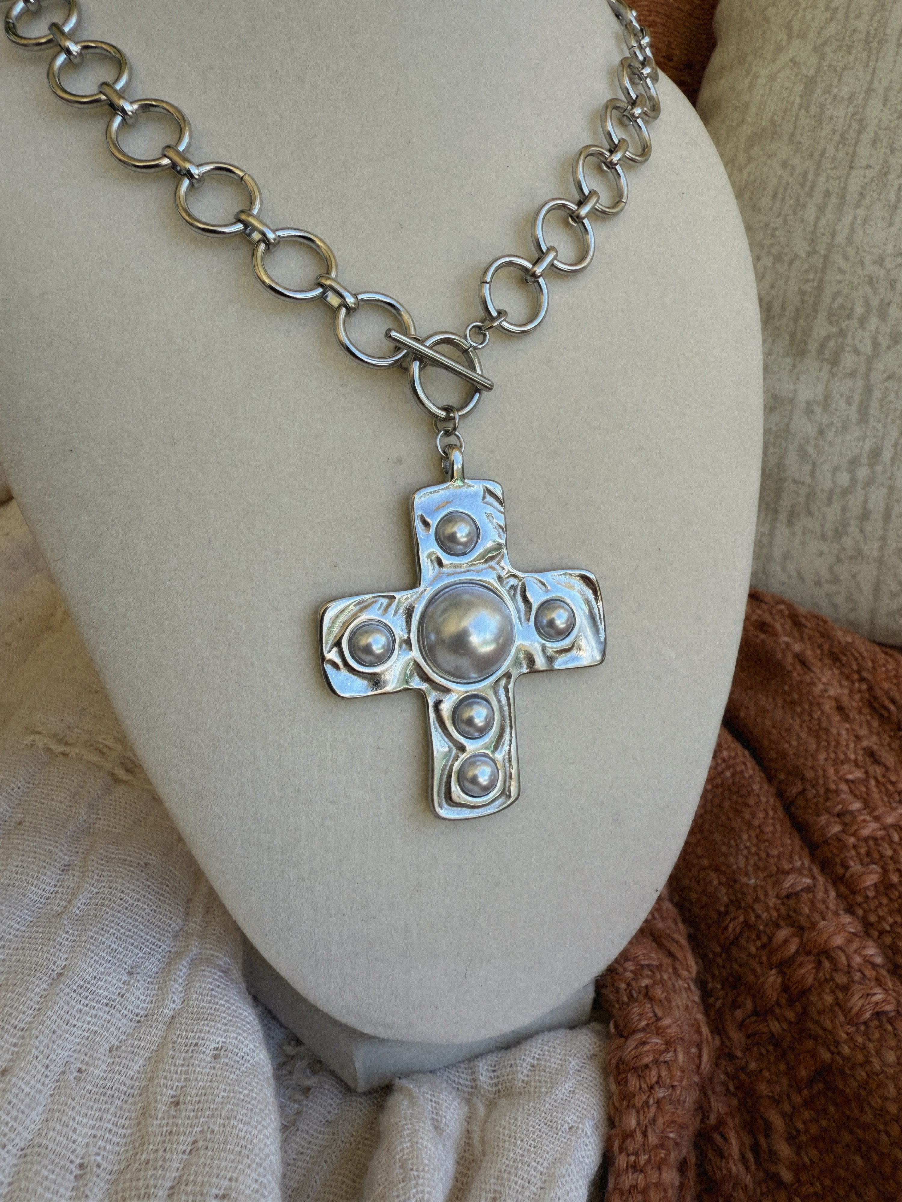 Maya Pearl Cross Necklace Silver