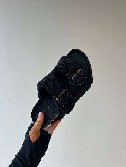 Blowout Stacked Double Strap Slides Black Fur