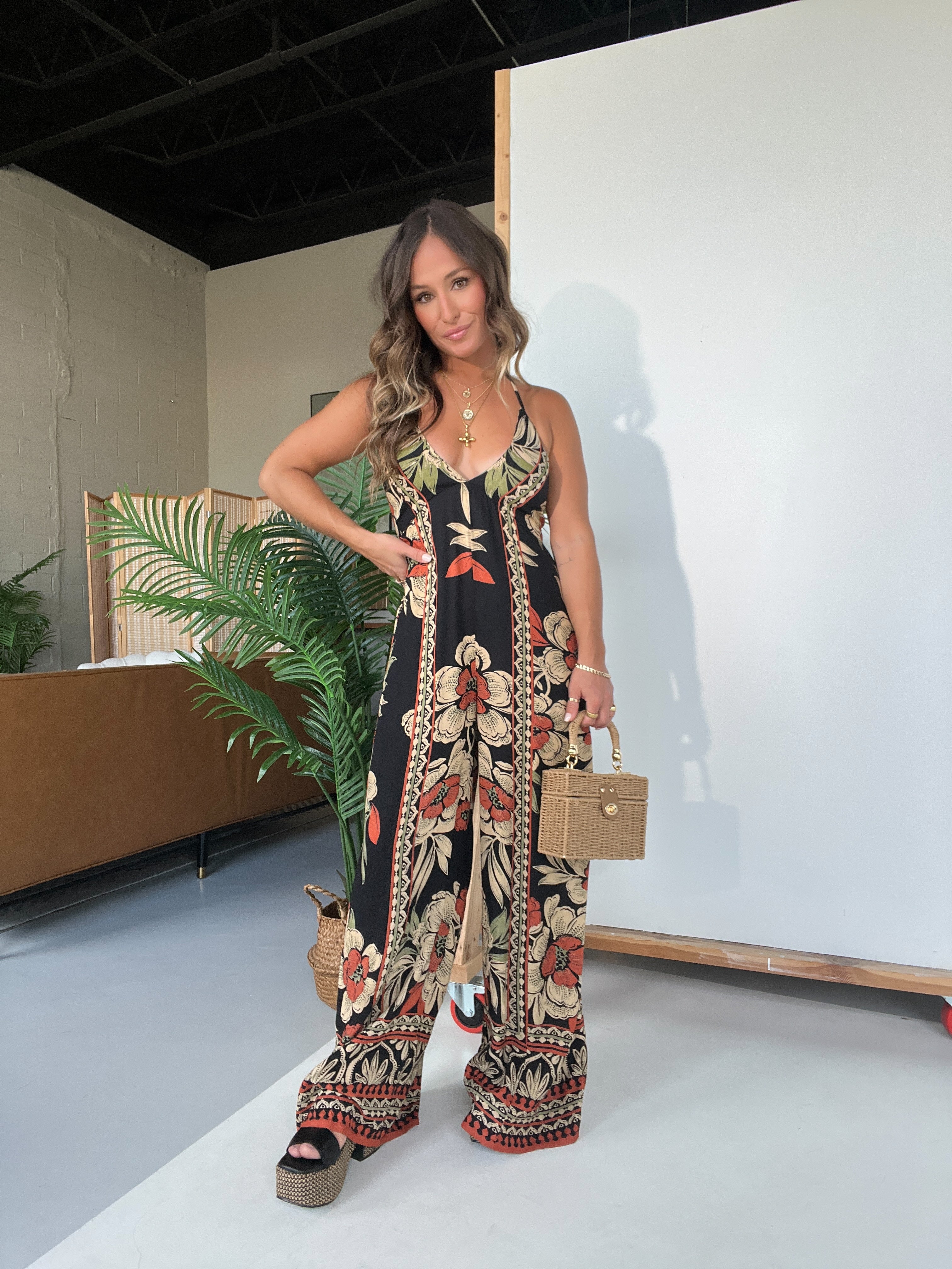 Milos Floral Boho Halter Jumpsuit Black