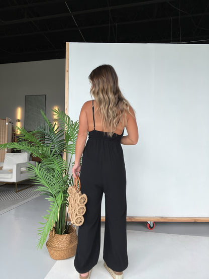 Next In Line Smocked Jumpsuit Black