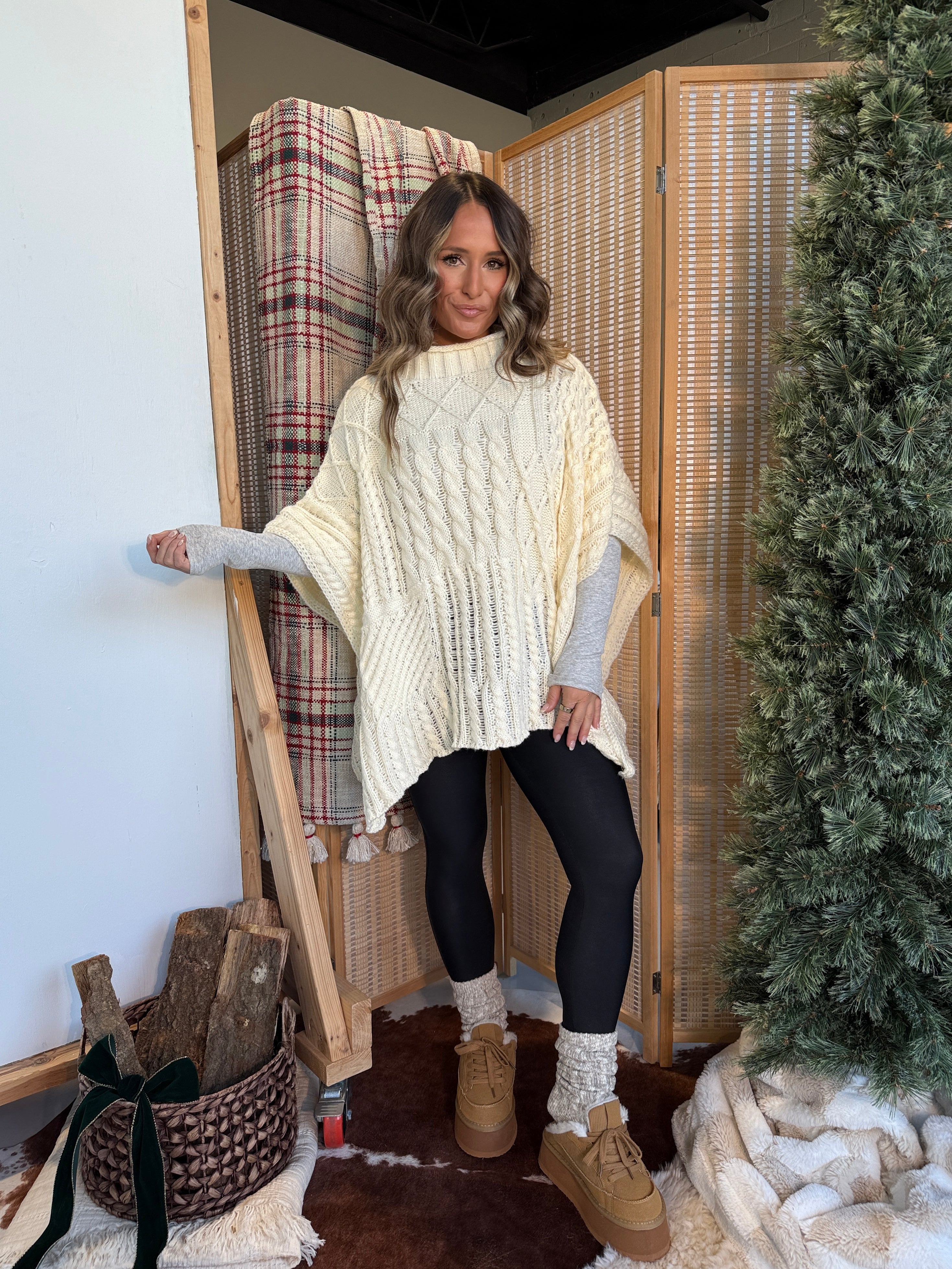 Winter Haven Cable Knit Poncho Cream