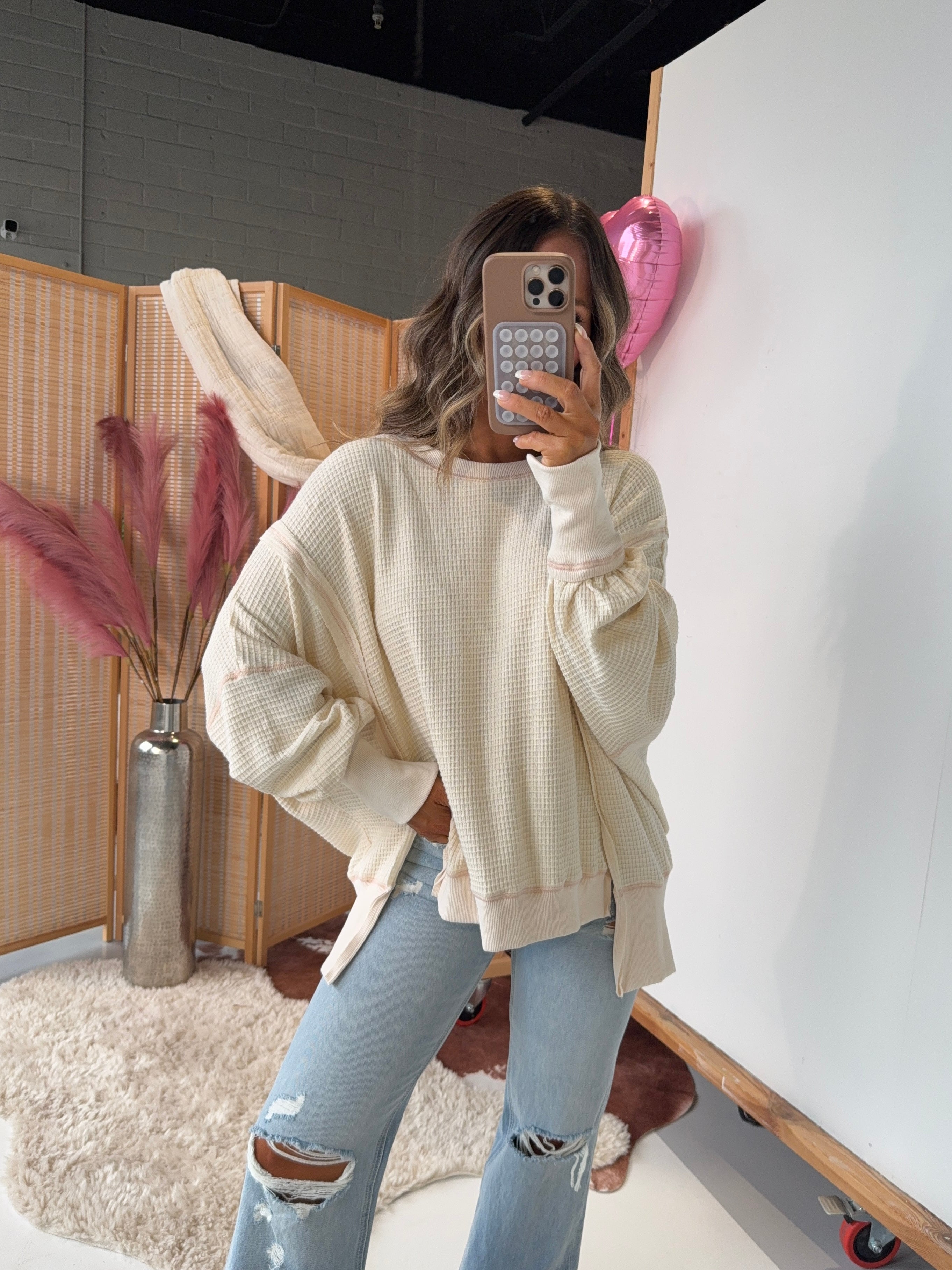 P.S. I Love You Waffle Knit Pullover Ivory