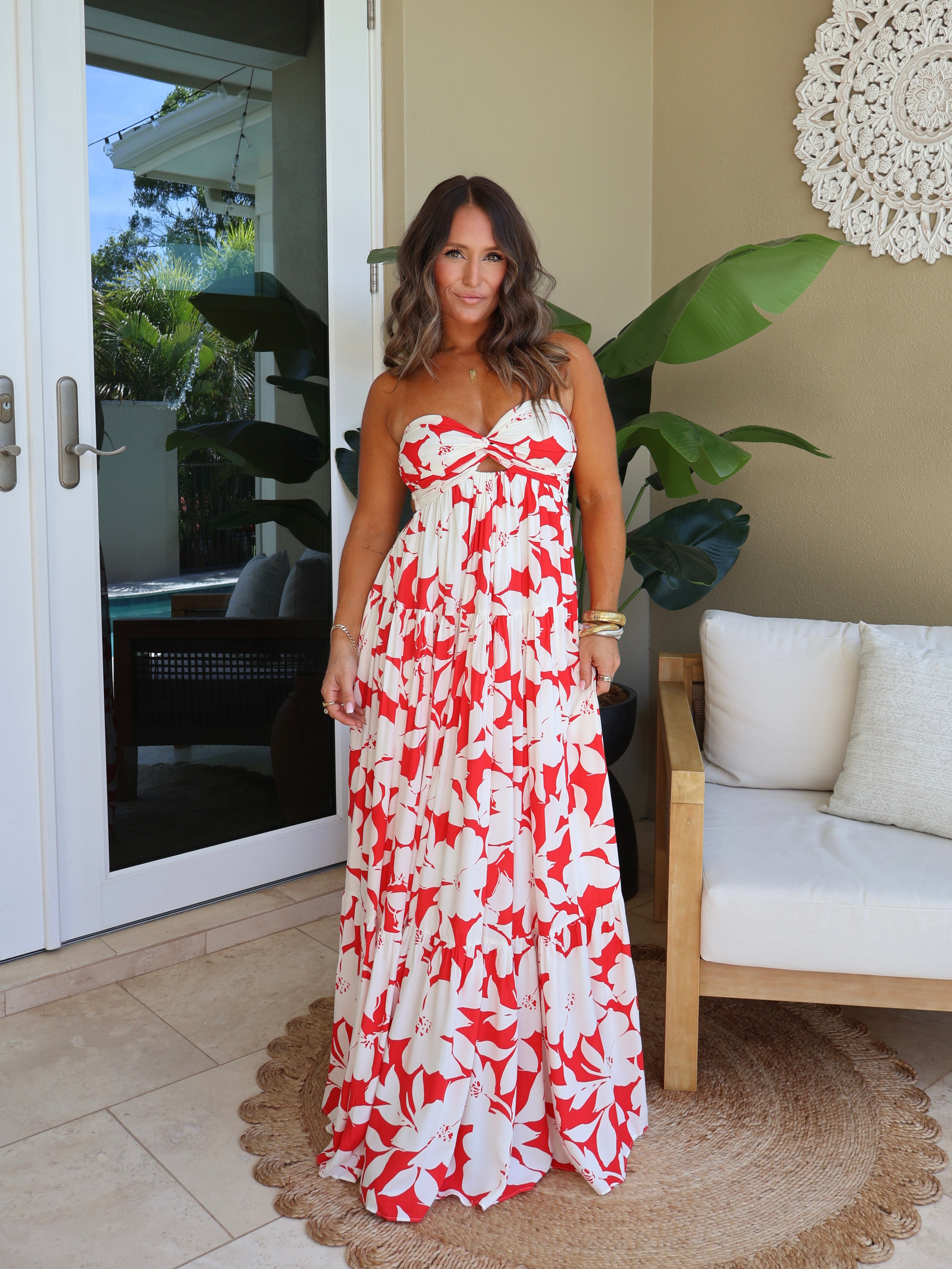 Summer Blossom Strapless Maxi Dress Red Multi
