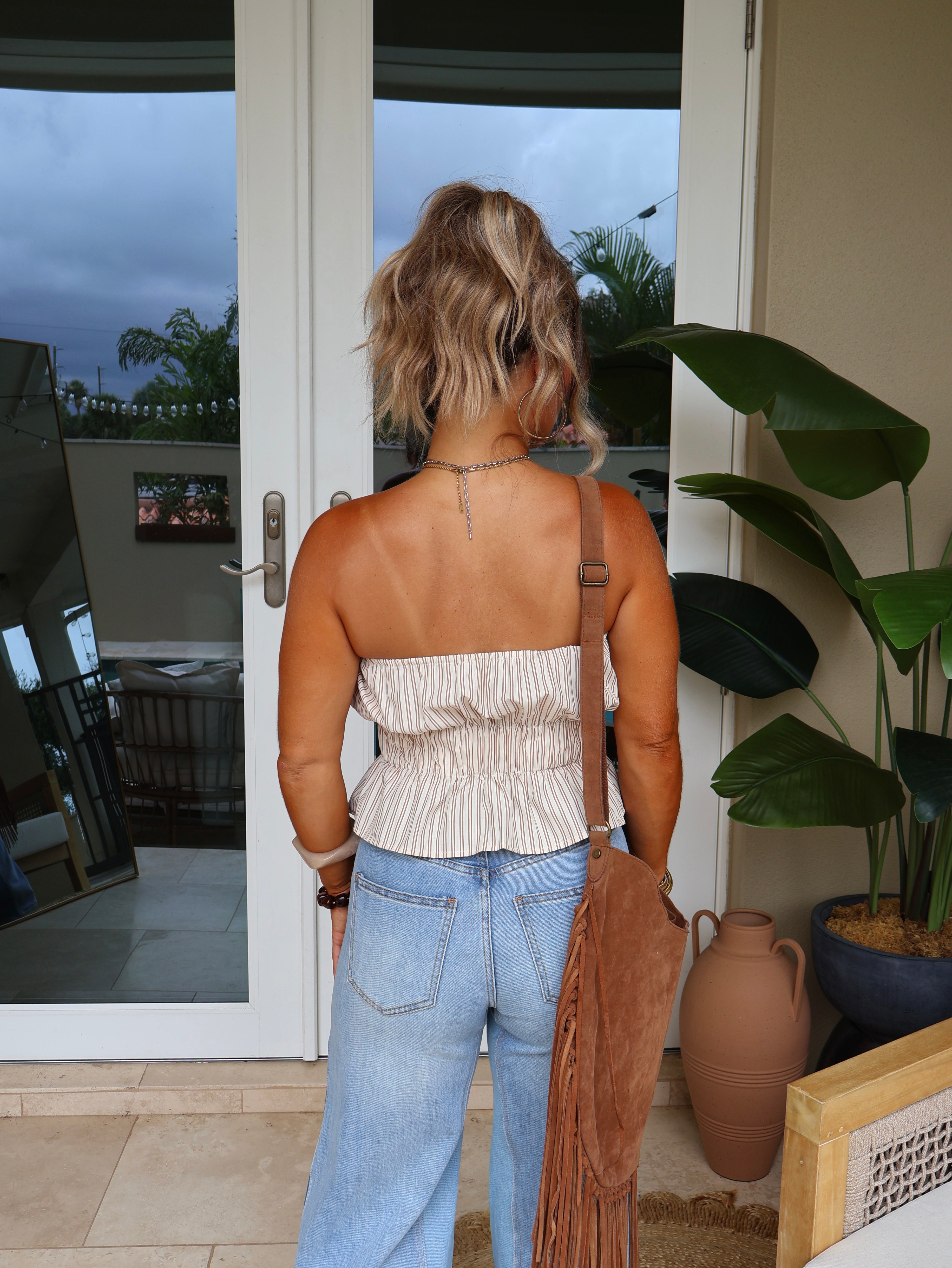 Aspen Pinstripe Peplum Top Beige/Brown