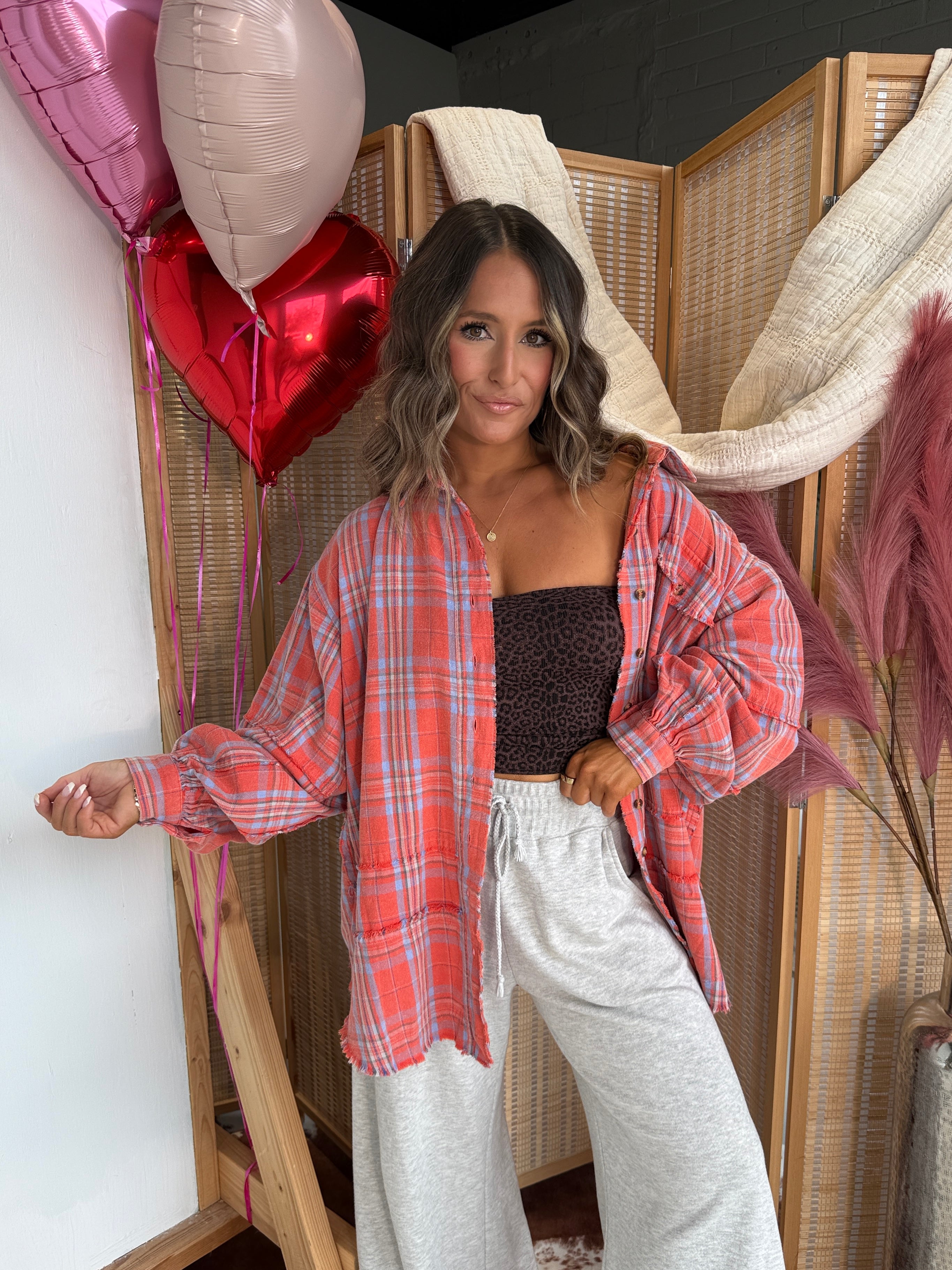 Be Mine Plaid Button Down Coral