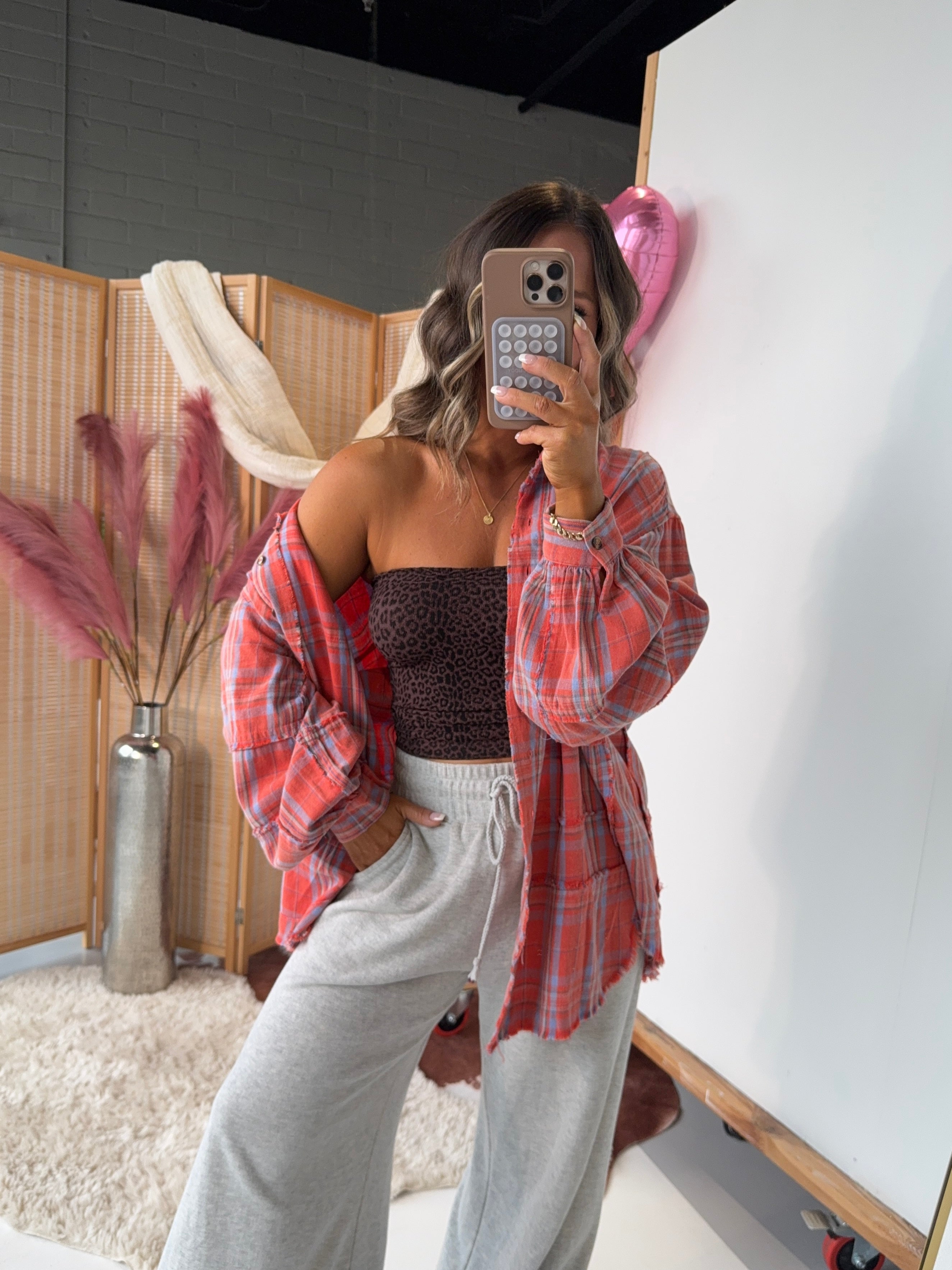 Be Mine Plaid Button Down Coral