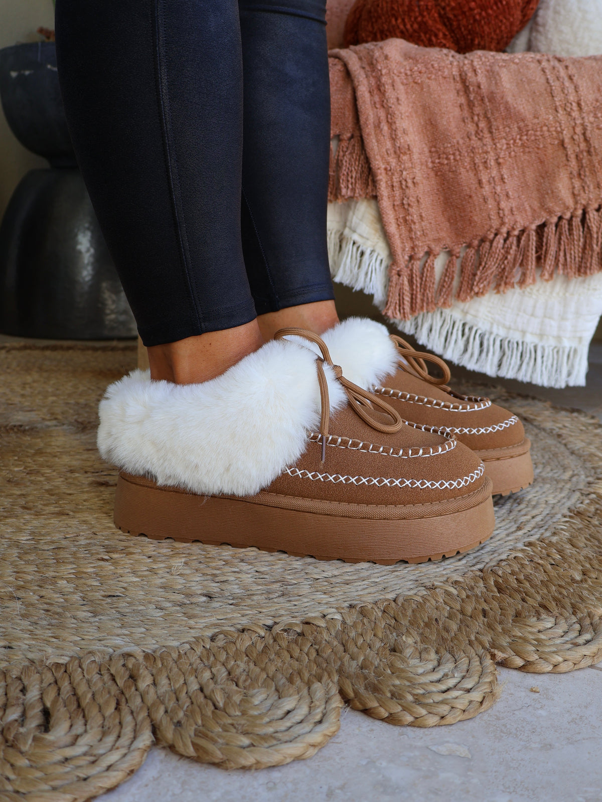 Stasia Fur-Lined Suede Slides Camel