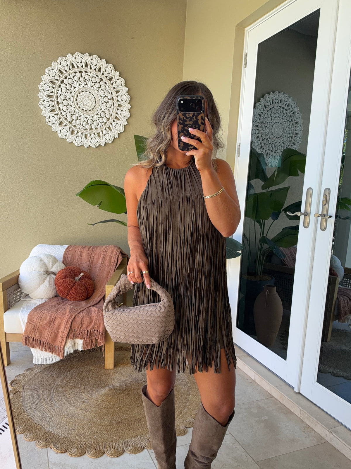 Autumn Ember Fringe Dress Olive Brown