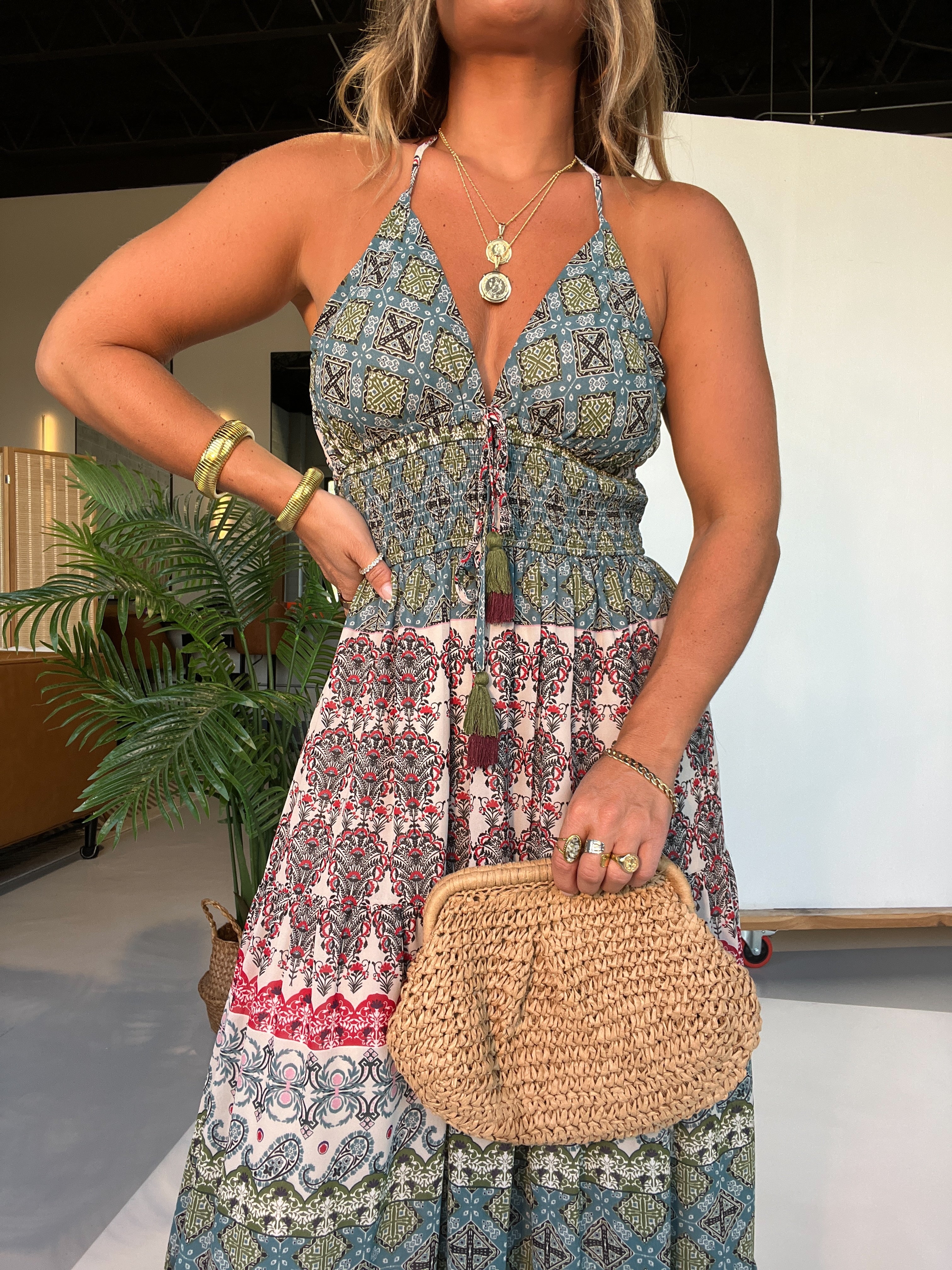 Vintage Sights Maxi Dress Teal Multi