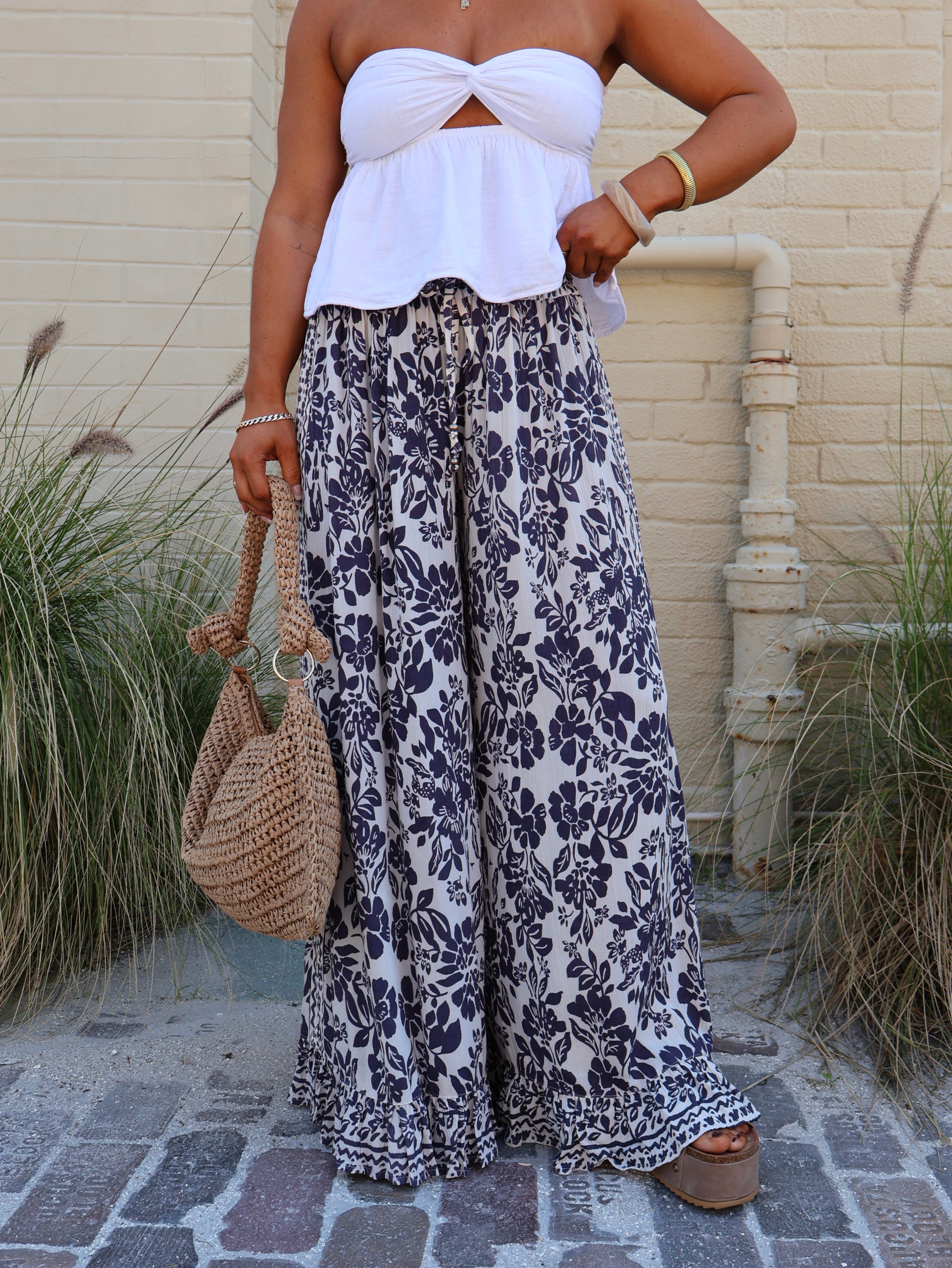 Shine On Me Floral Boho Pants Ivory/Indigo