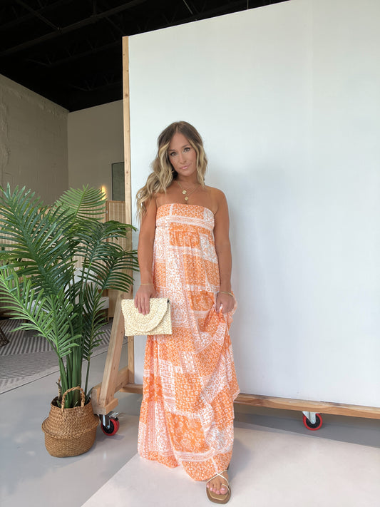 Santorini Strapless Maxi Dress Orange Patch