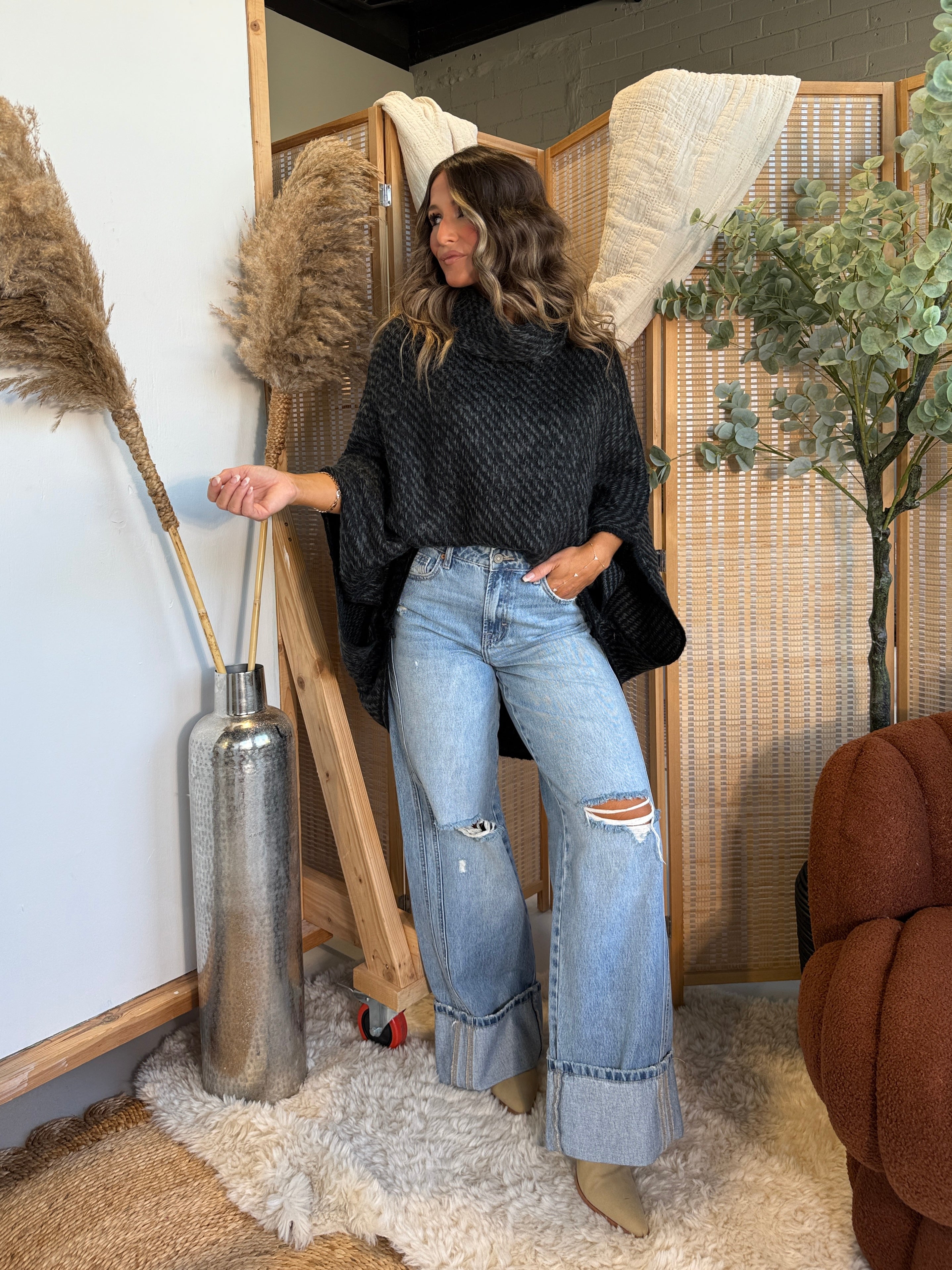 Forever Winter Knit Poncho Black