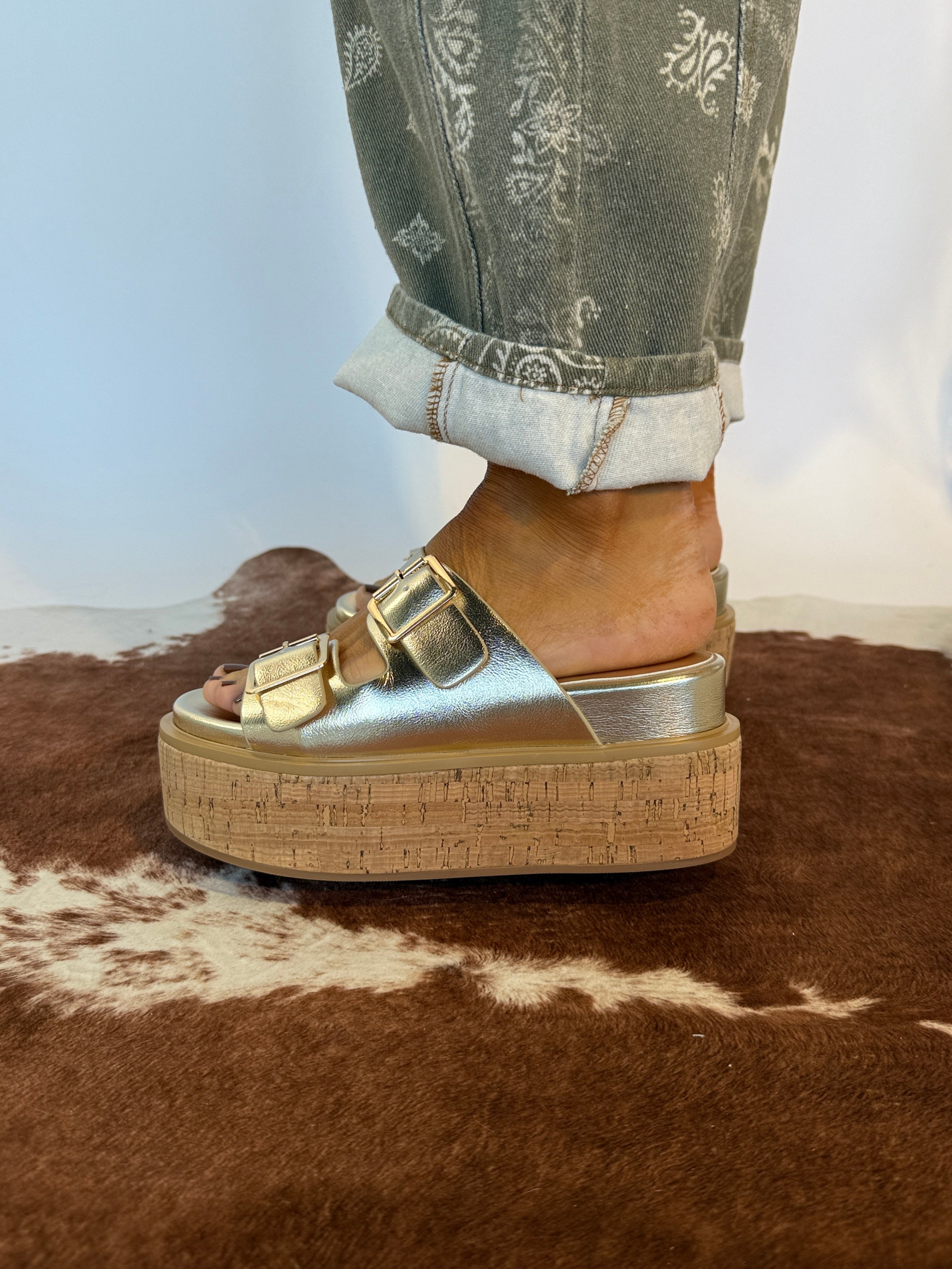 Lucinda Platform Cork Buckle Slides Gold