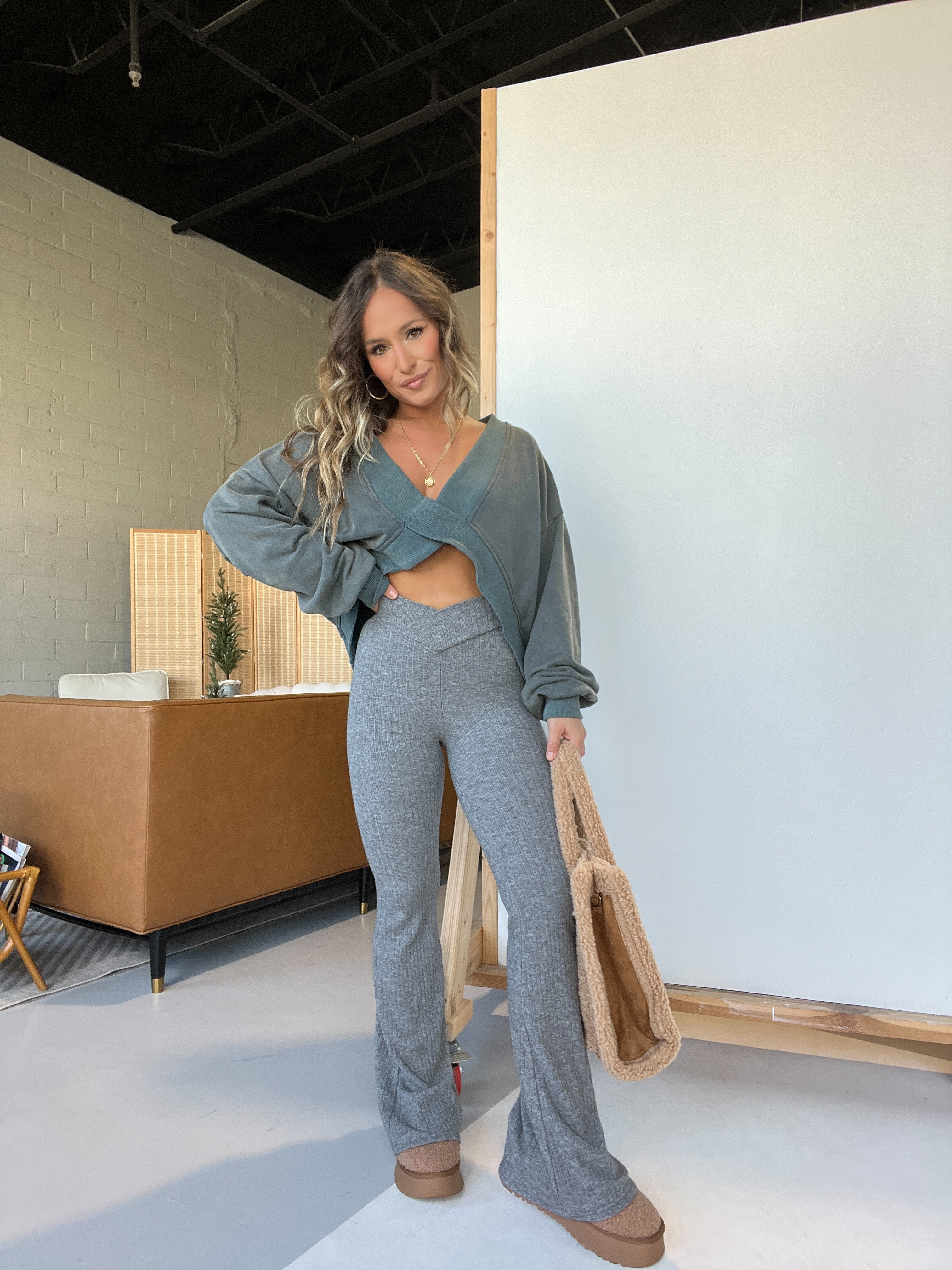 Beckett Crossover Sweater Knit Flares Grey
