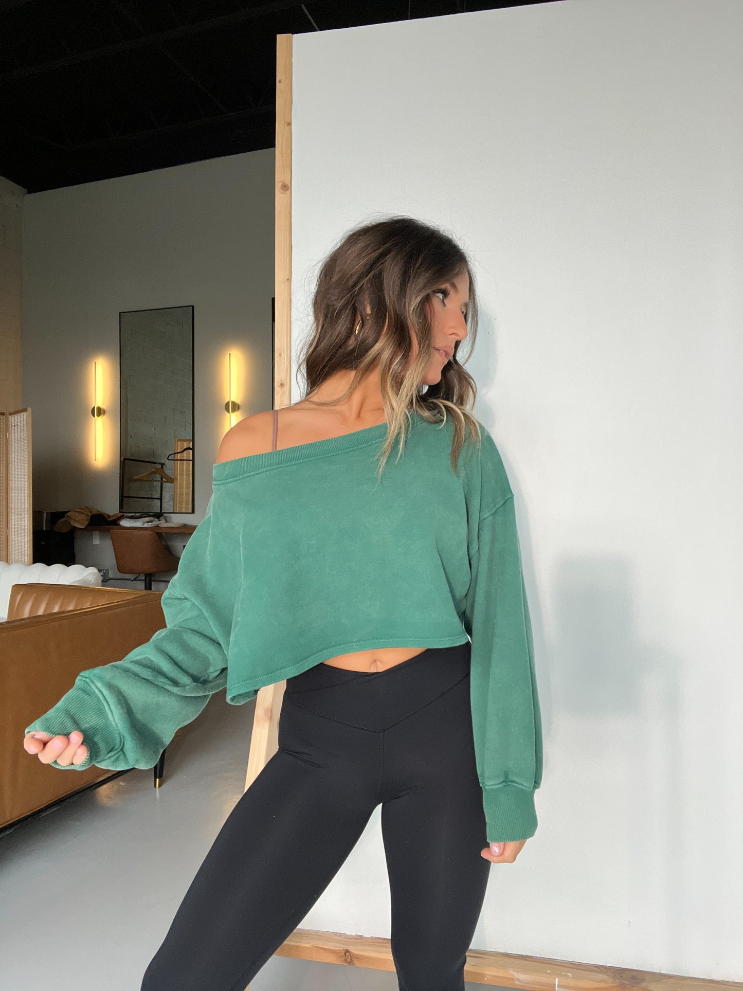 Harley Babe Off the Shoulder Sweatshirt Hunter Green