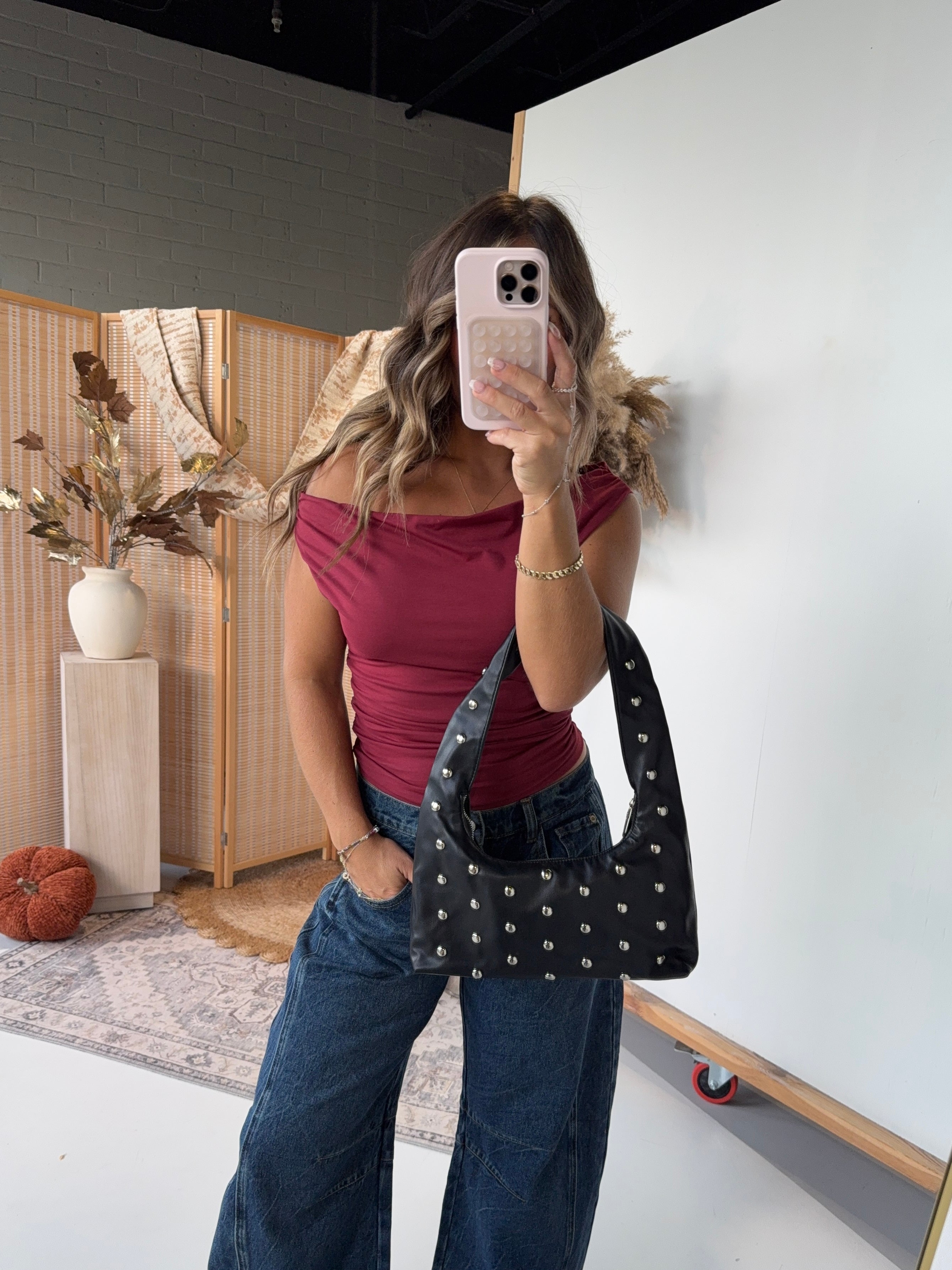 Velvet Leaves One Shoulder Top Maroon
