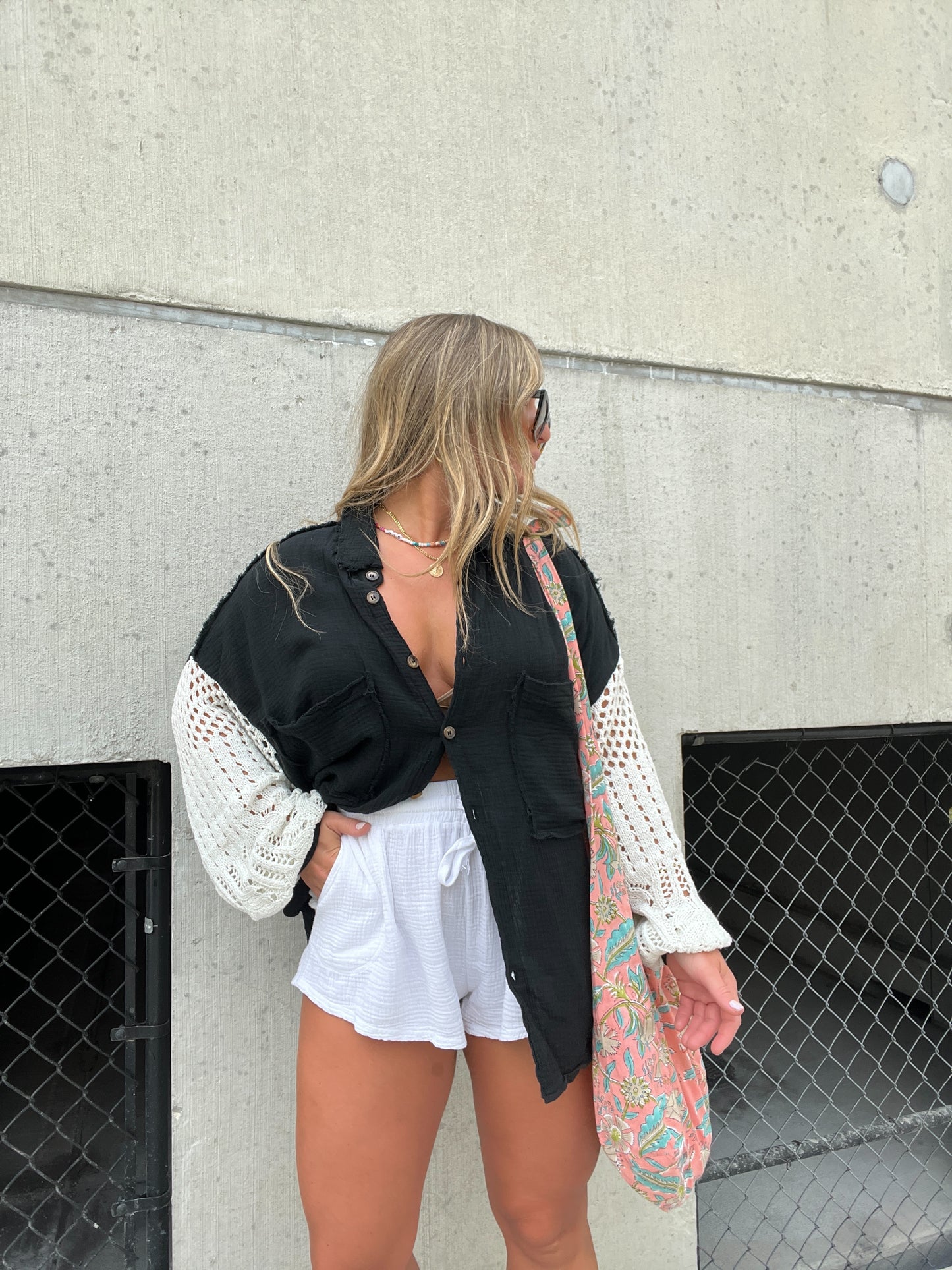 Black Crochet Sleeve Button Up