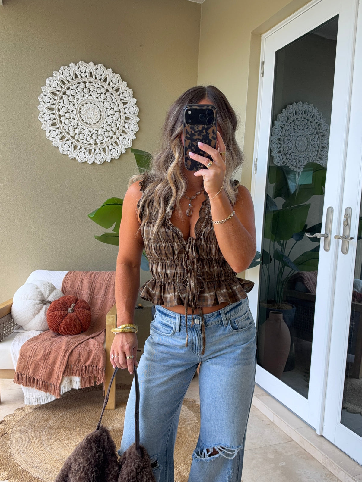 Mulberry Plaid Tie Top Brown Multi
