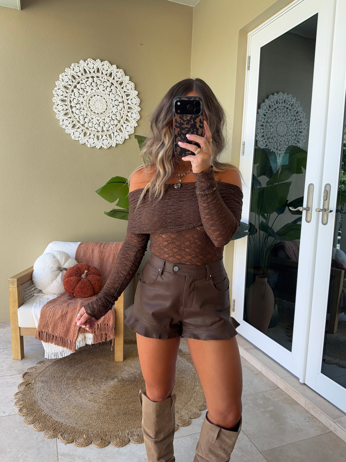 Noir Leather Ruffle Mini Shorts Chocolate