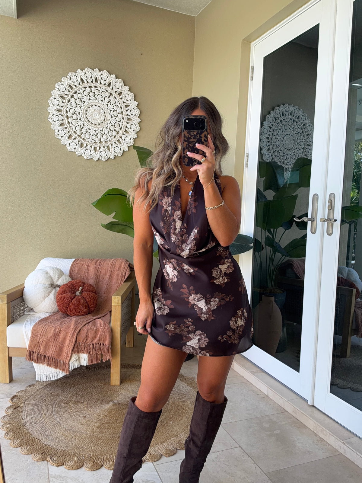 Amber Meadow Satin Mini Dress Brown Multi