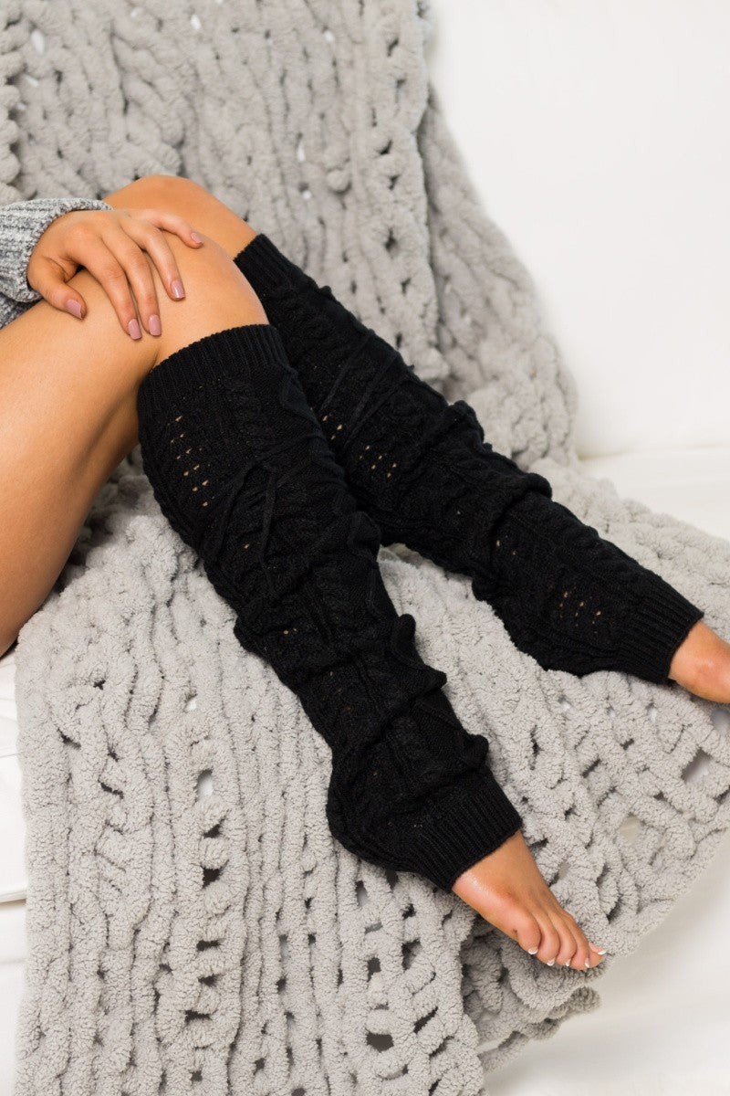CABLE KNIT LONG TIE LEG WARMERS