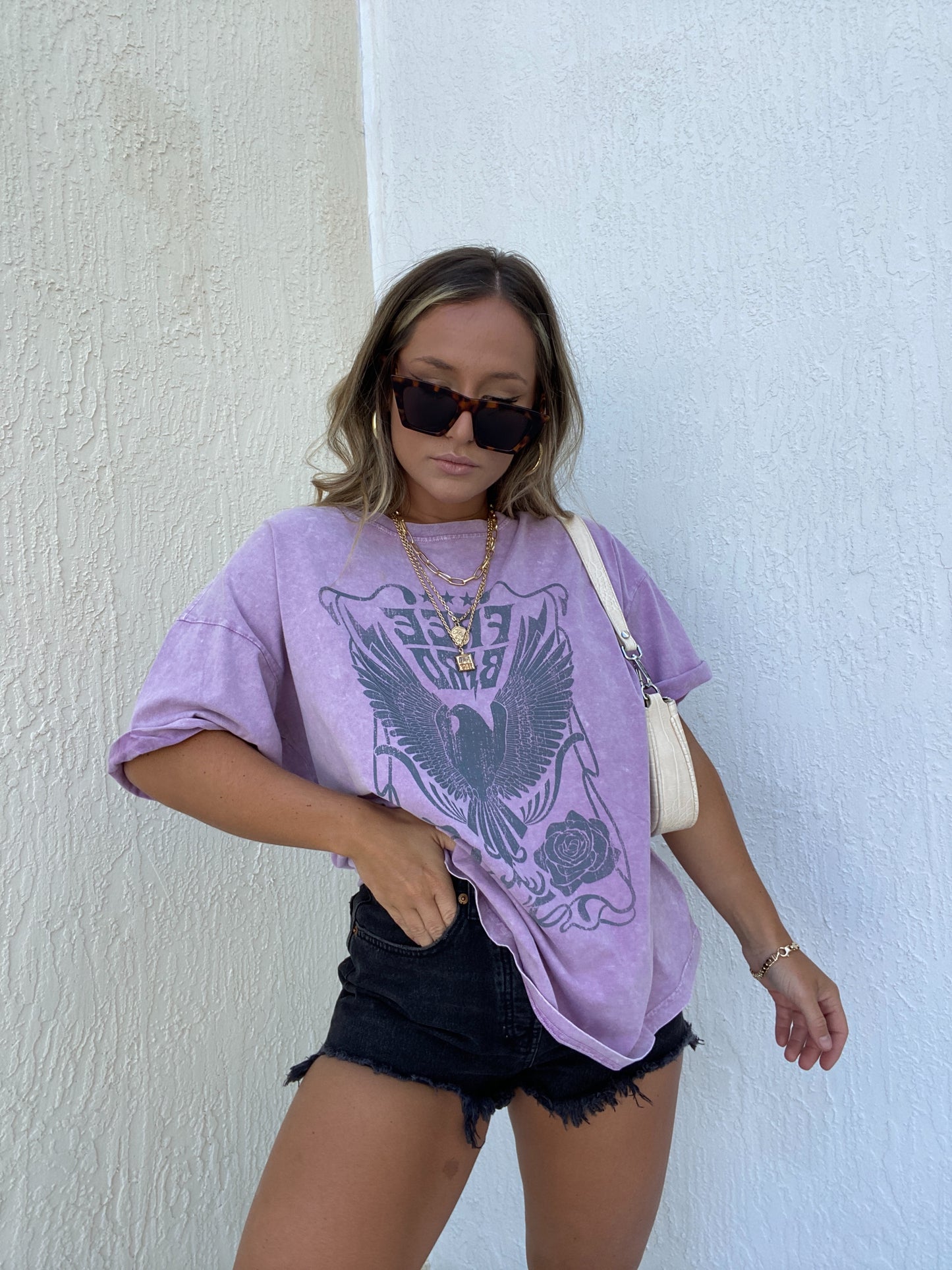 WASHED FREE BIRD GRAPHIC TEE LAVENDER
