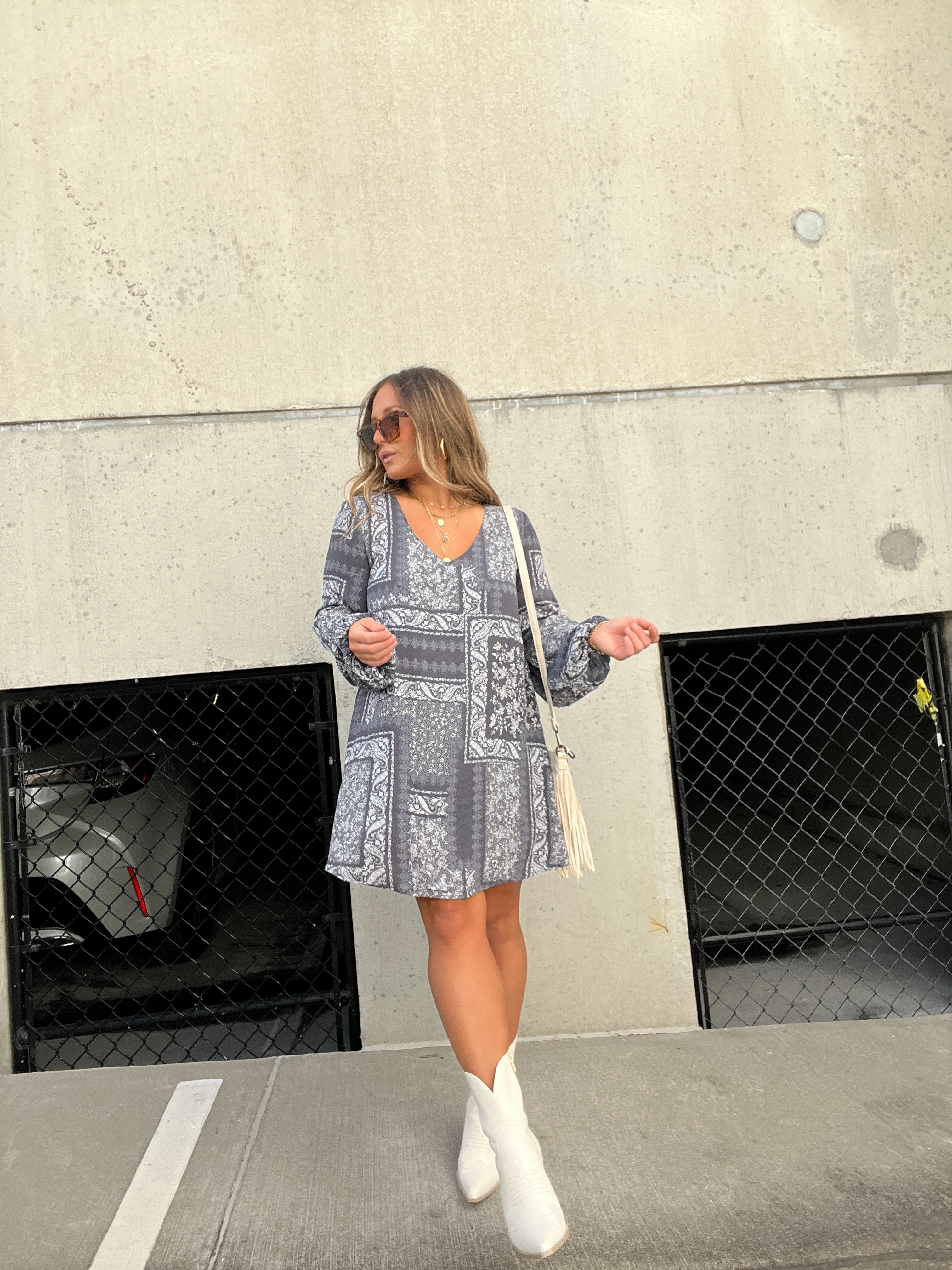 LA LA LAND PATCHWORK DRESS CHARCOAL