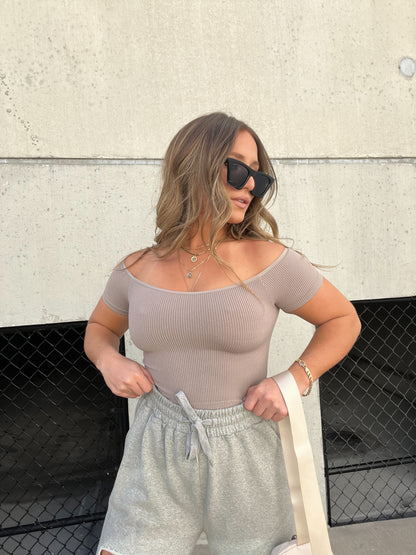 TAUPE OFF THE SHOULDER BASIC TOP